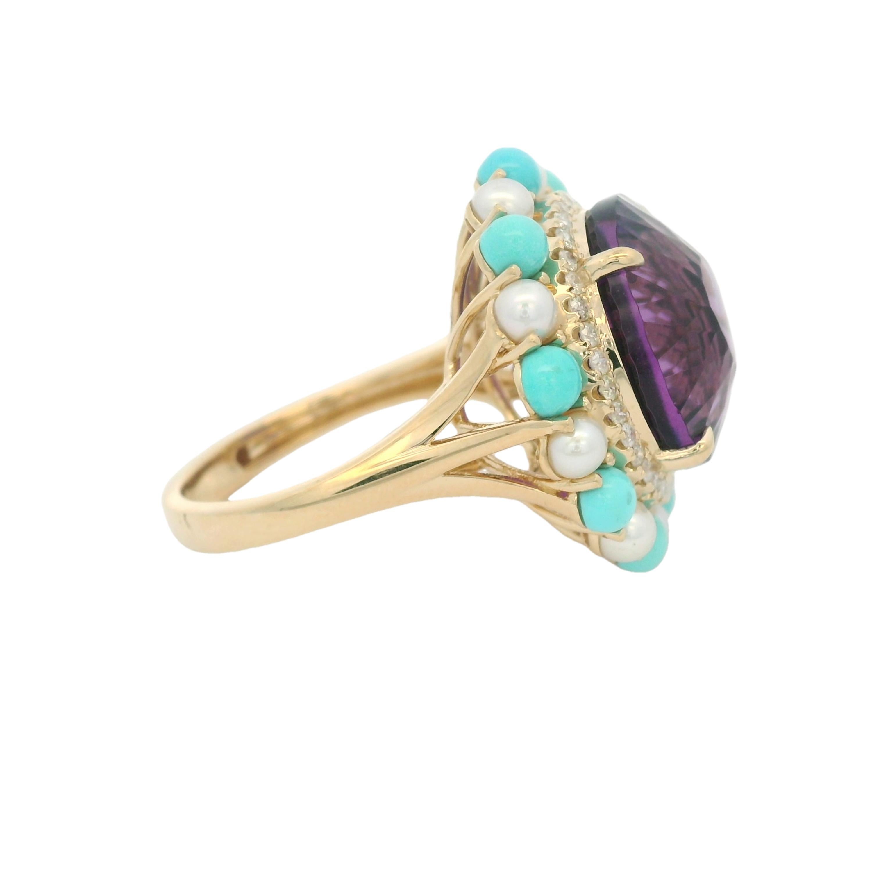 Art Deco 11.56Ct Amethyst Sleeping Beauty Turquoise Diamond Ring in 14K Gold For Sale 2