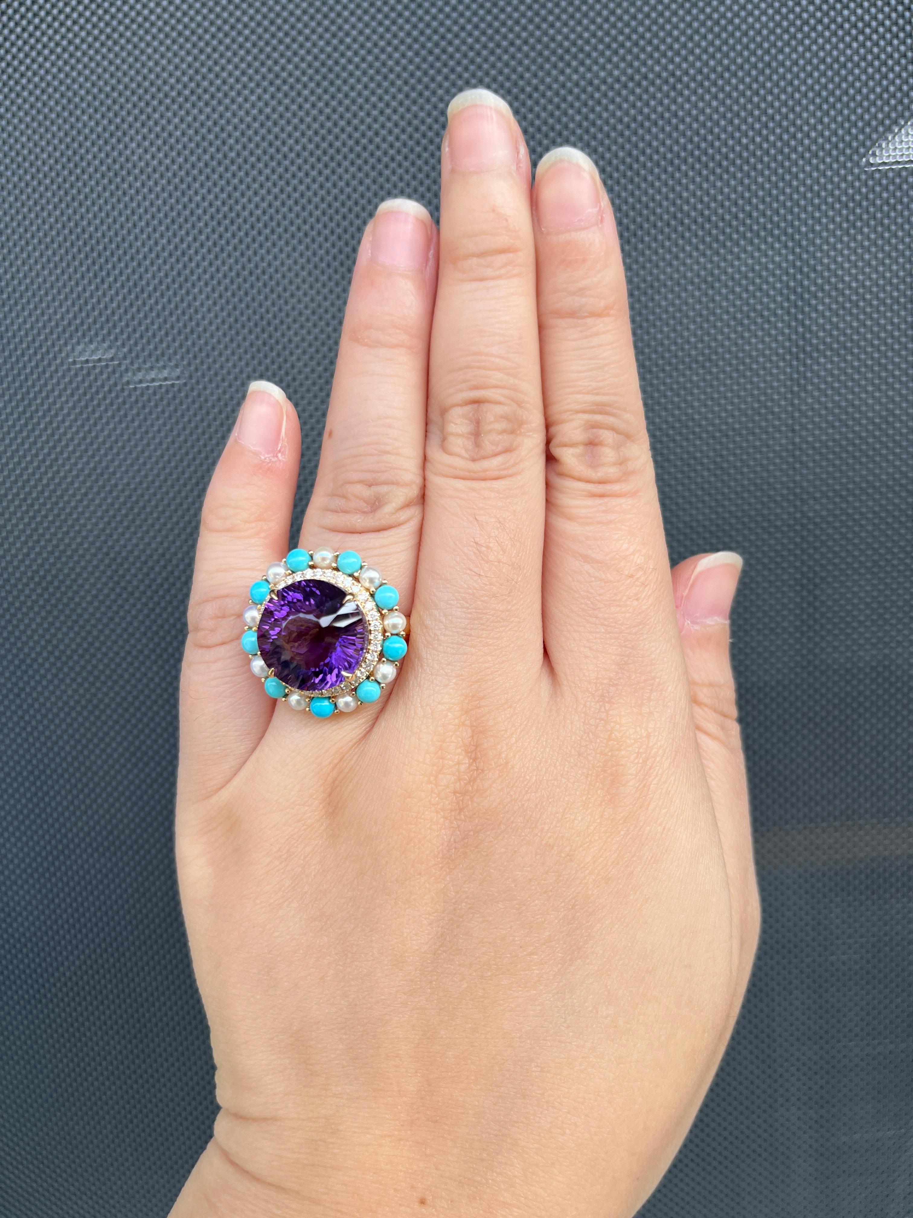 Art Deco 11.56Ct Amethyst Sleeping Beauty Turquoise Diamond Ring in 14K Gold For Sale 3