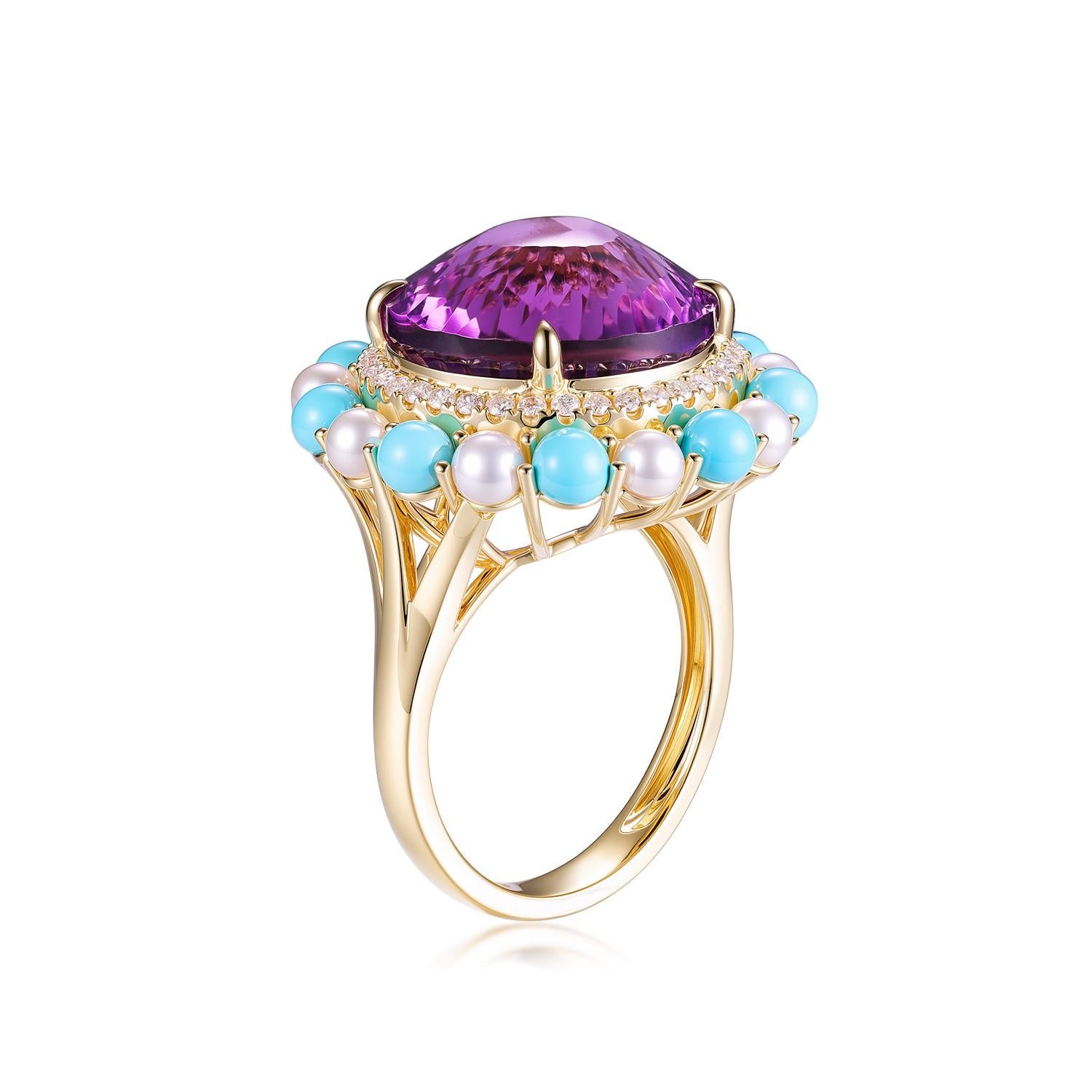 Art Deco 11.56Ct Amethyst Sleeping Beauty Turquoise Diamond Ring in 14K Gold For Sale 4