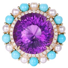 Art Deco 11,56 Karat Amethyst schlafende Schönheit Türkis-Diamantring aus 14K Gold