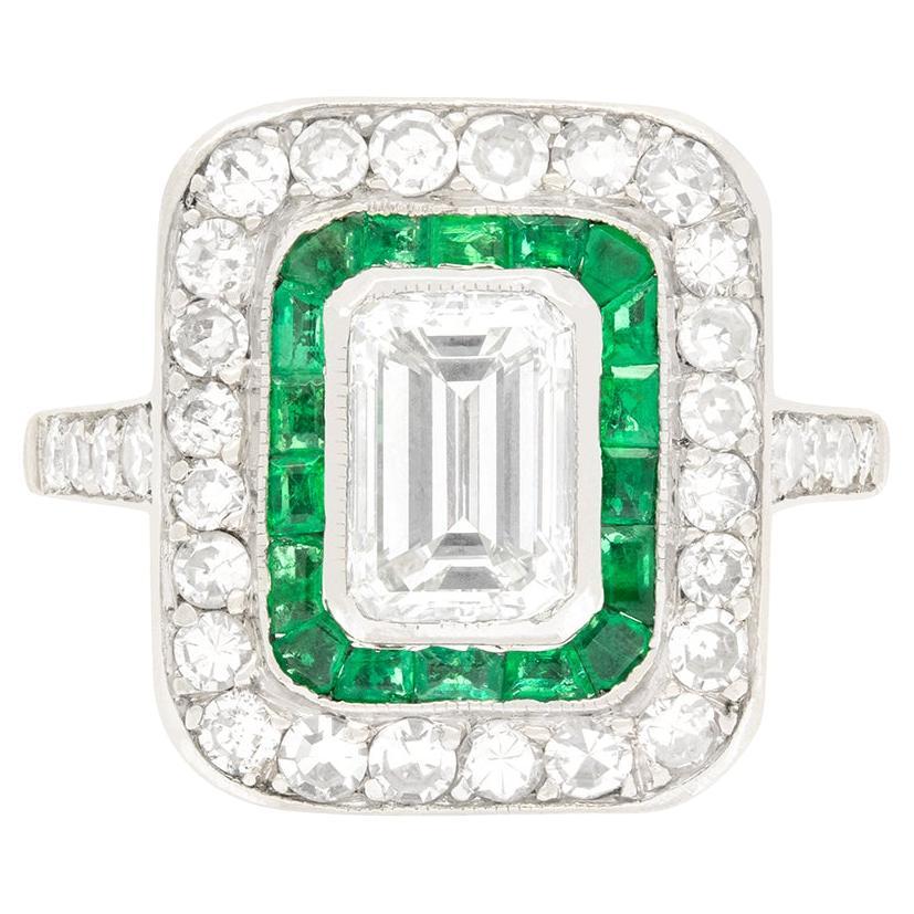 Art Deco 1.15ct Diamond and Emerald Target Ring, c.1920s