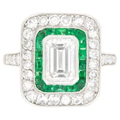 Antique Art Deco 1.15ct Diamond and Emerald Target Ring, c.1920s