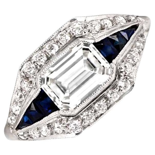 Art Deco 1.15 Carat Emerald-Cut Diamond Engagement Ring, i Color, Diamond Halo For Sale