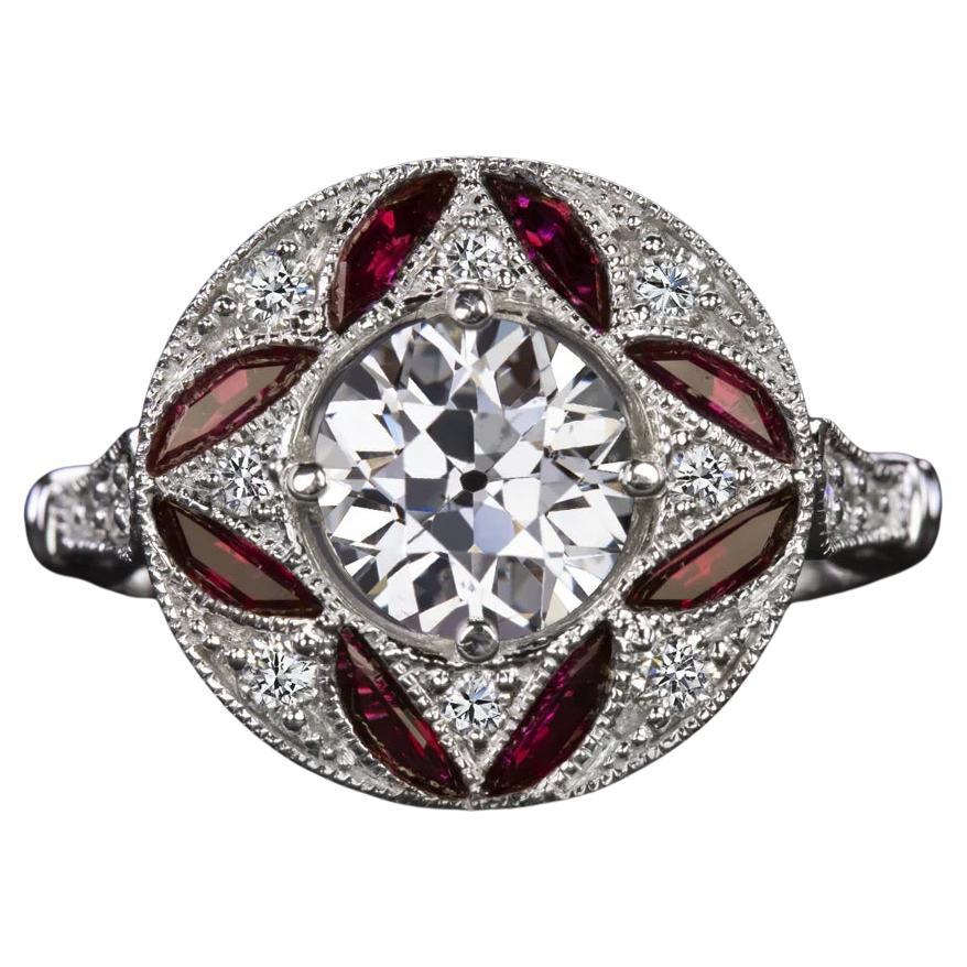 Art Deco 1.15ct Old Euro Cut Diamond & Ruby Circle Ring in 14K White Gold