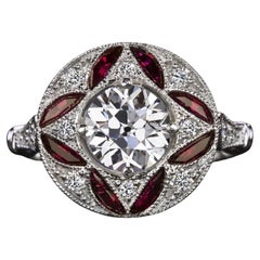 Art Deco 1.15ct Old Euro Cut Diamond & Ruby Circle Ring in 14K White Gold