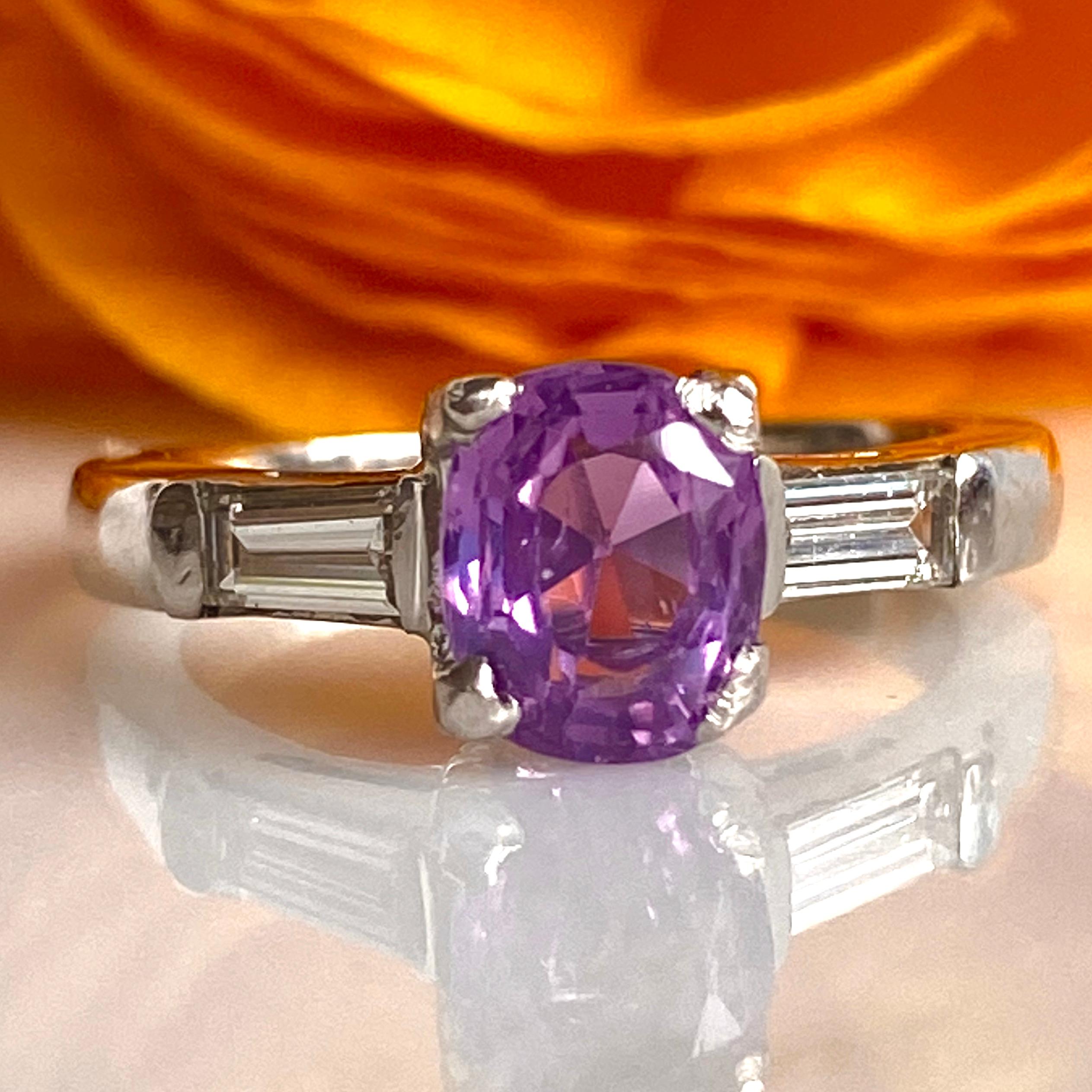 Details:
Fabulous alternative engagement or wedding ring! Stunning Art Deco period pink violet sapphire and diamond platinum ring. This one has so much life in the stone! It glows! Would make lovely engagement or wedding ring, or a fabulous everyday