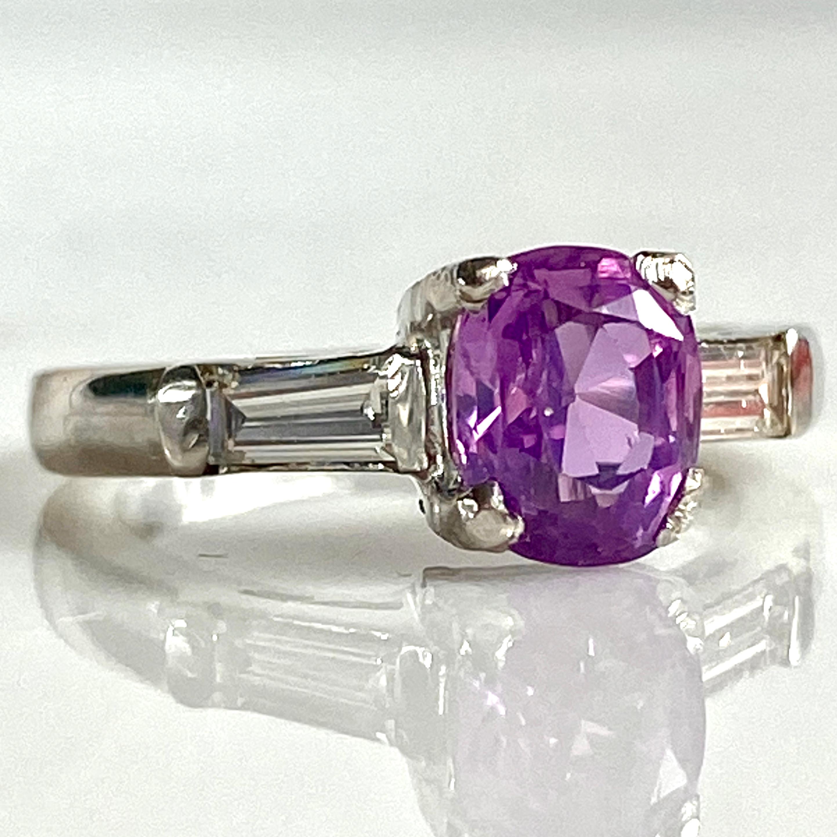 Art Deco 1.15 Carat Pink Sapphire & .40 Carat Diamond Platinum Ring For Sale 3