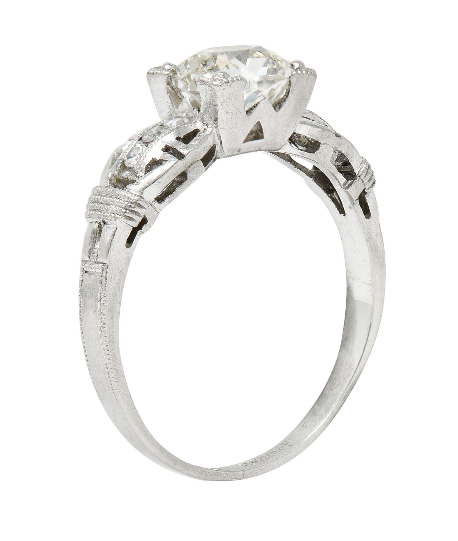 Art Deco 1.16 Carats Diamond Platinum Buckle Engagement Ring For Sale 6