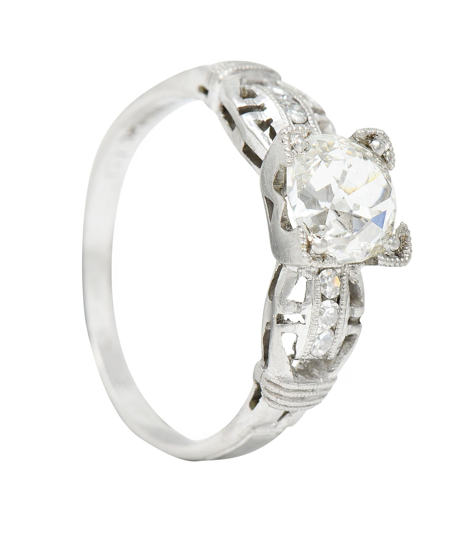 Art Deco 1.16 Carats Diamond Platinum Buckle Engagement Ring For Sale 7