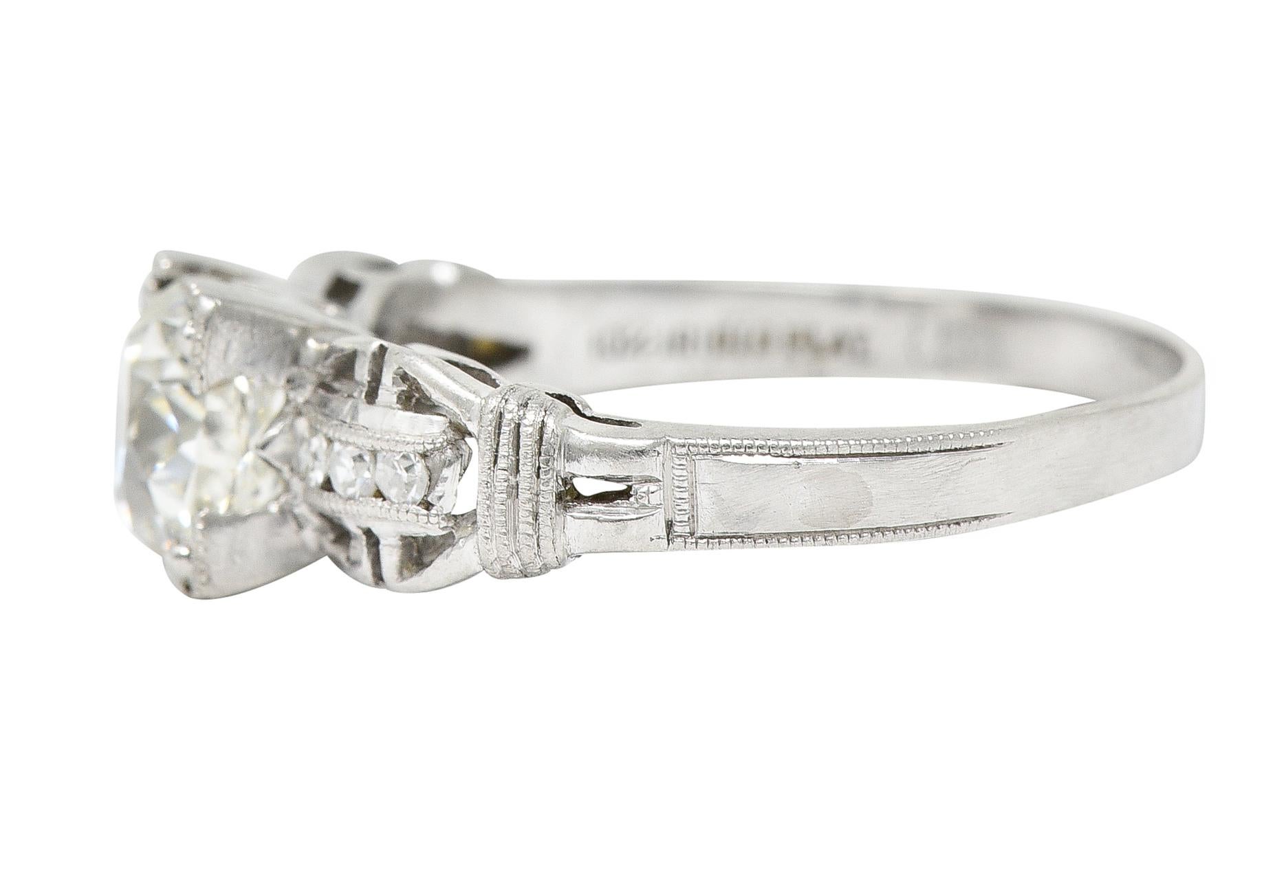 Women's or Men's Art Deco 1.16 Carats Diamond Platinum Buckle Engagement Ring For Sale