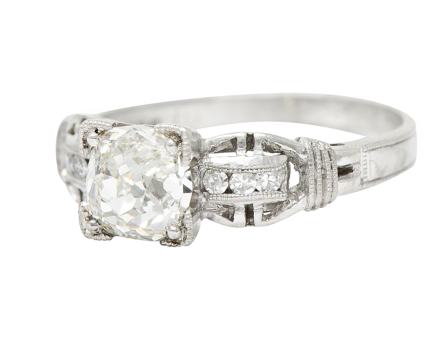 Art Deco 1.16 Carats Diamond Platinum Buckle Engagement Ring For Sale 1