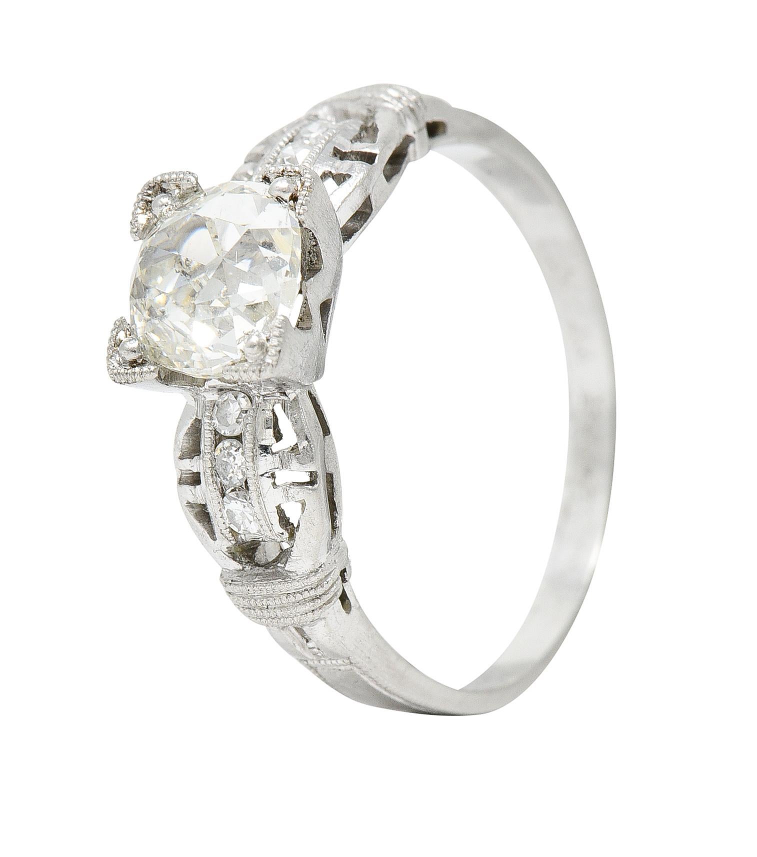 Art Deco 1.16 Carats Diamond Platinum Buckle Engagement Ring For Sale 3