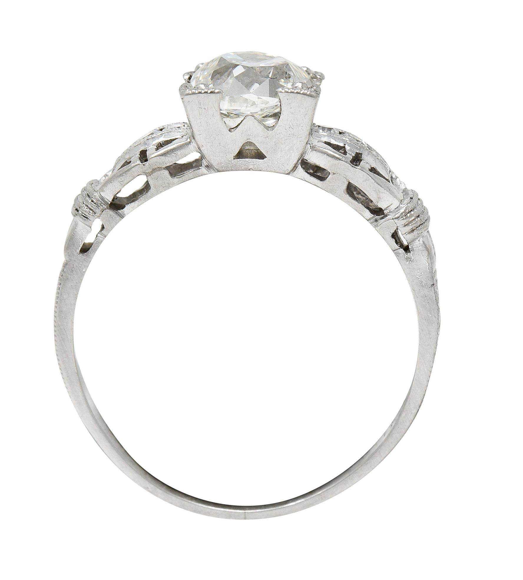 Art Deco 1.16 Carats Diamond Platinum Buckle Engagement Ring For Sale 4