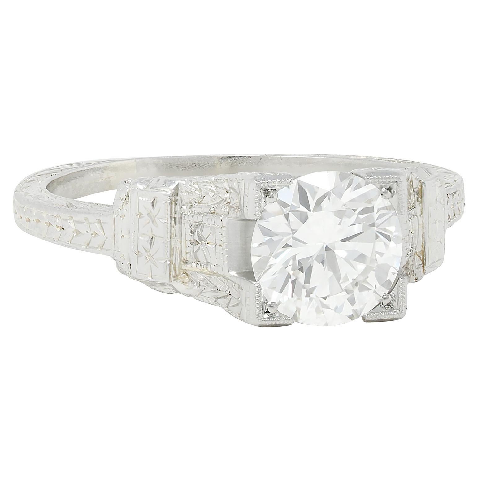 Round Cut Art Deco 1.16 CTW Diamond 18 Karat Gold Vintage Orange Blossom Engagement Ring For Sale