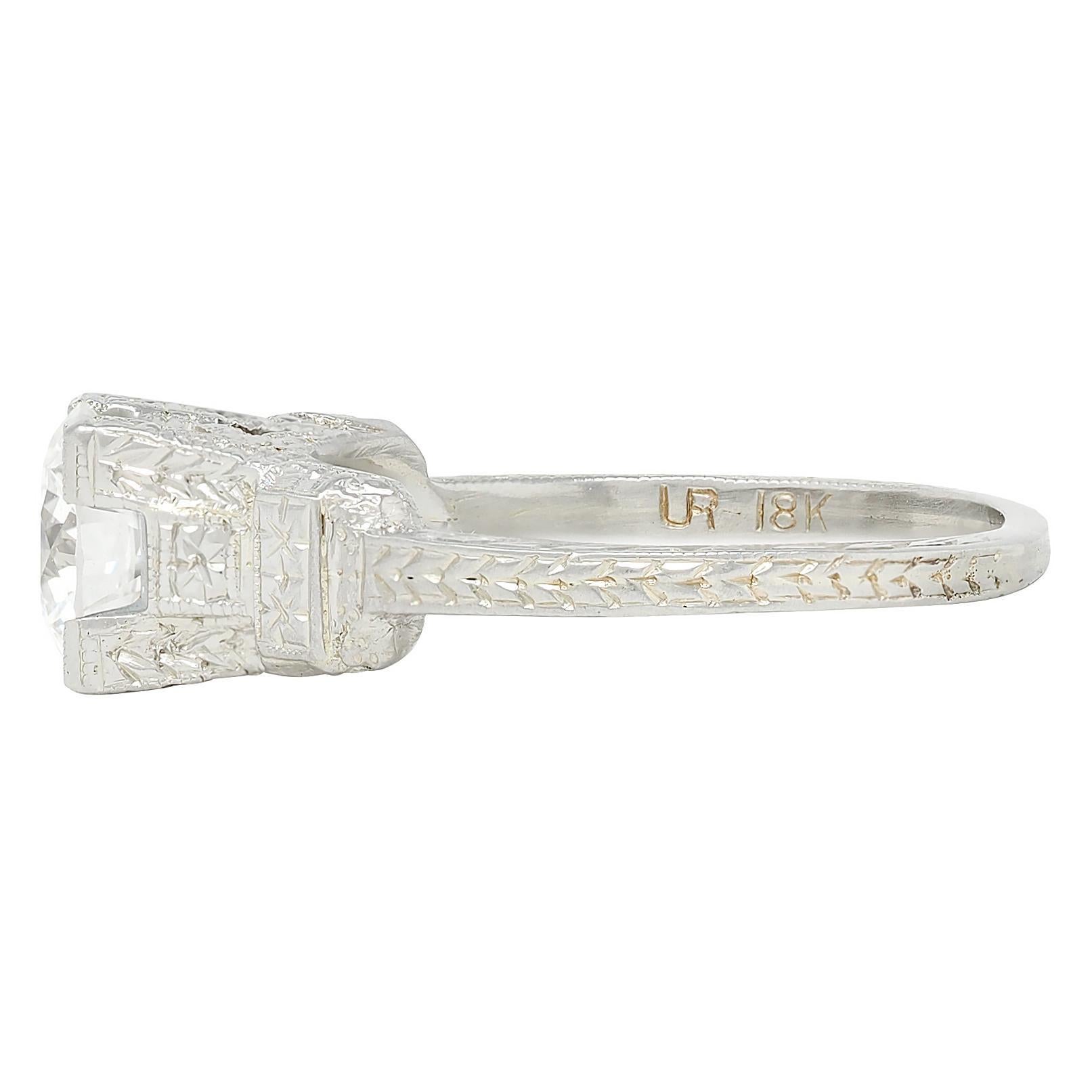 Art Deco 1.16 CTW Diamond 18 Karat Gold Vintage Orange Blossom Engagement Ring In Excellent Condition For Sale In Philadelphia, PA