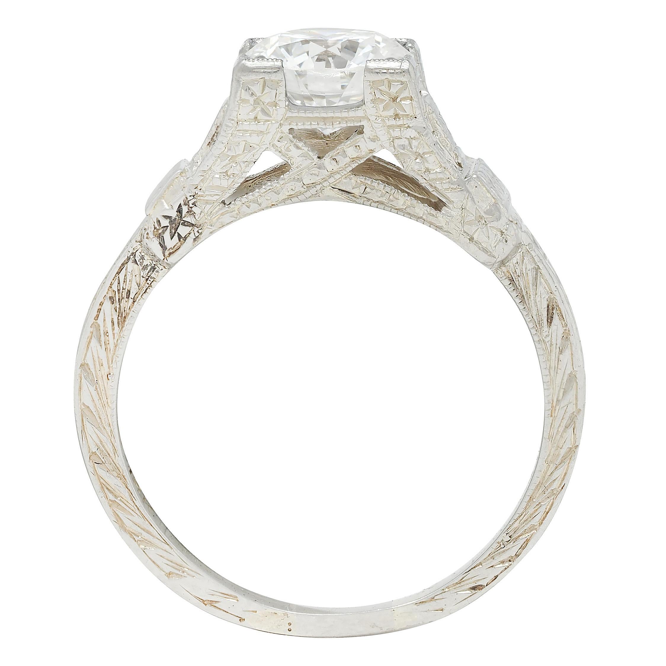 Art Deco 1.16 CTW Diamond 18 Karat Gold Vintage Orange Blossom Engagement Ring For Sale 2