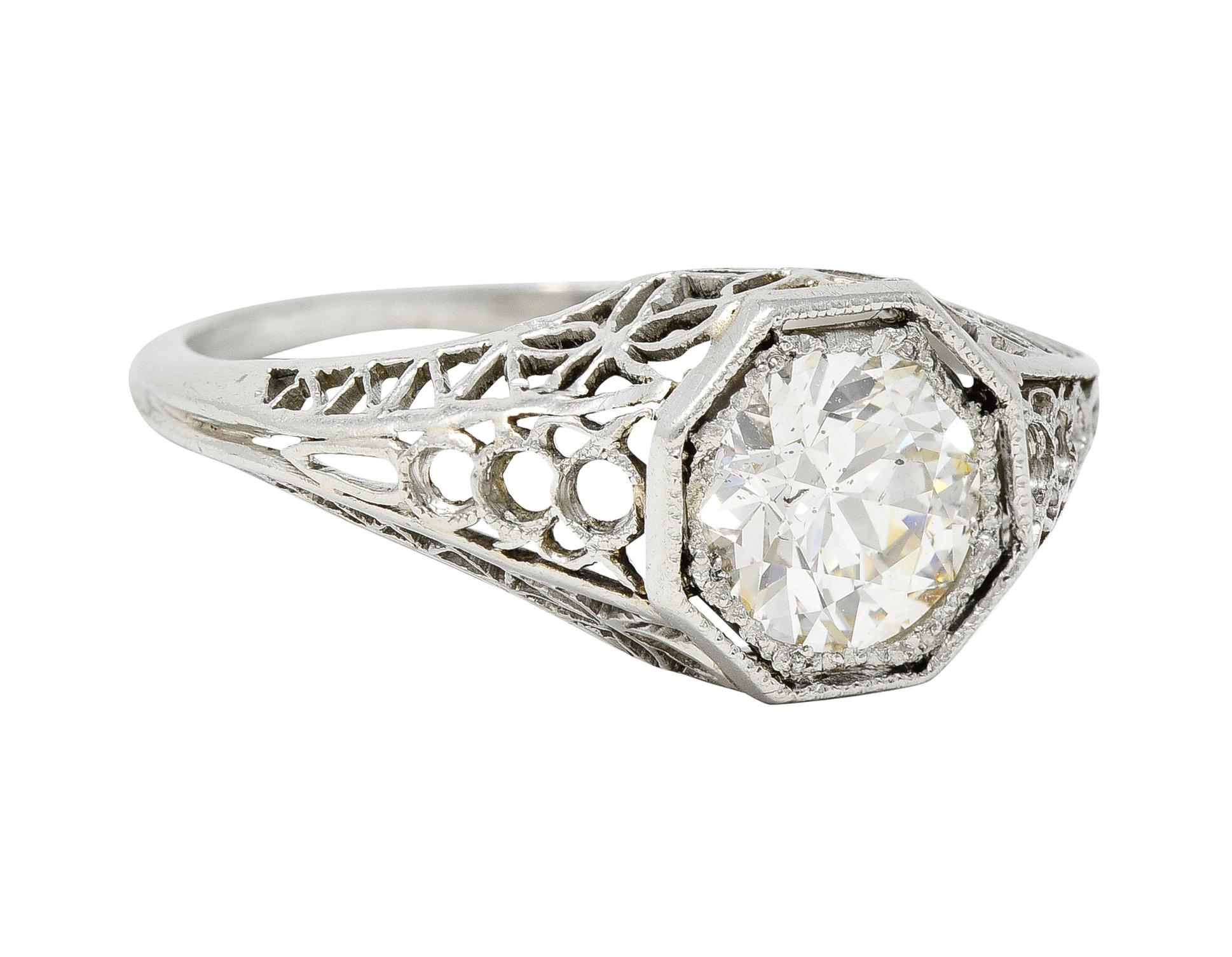 Old European Cut Art Deco 1.16 CTW Diamond Platinum Butterfly Solitaire Engagement Ring For Sale