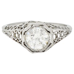 Art Deco Verlobungsring, 1,16 Karat Diamant Platin Schmetterling Solitär