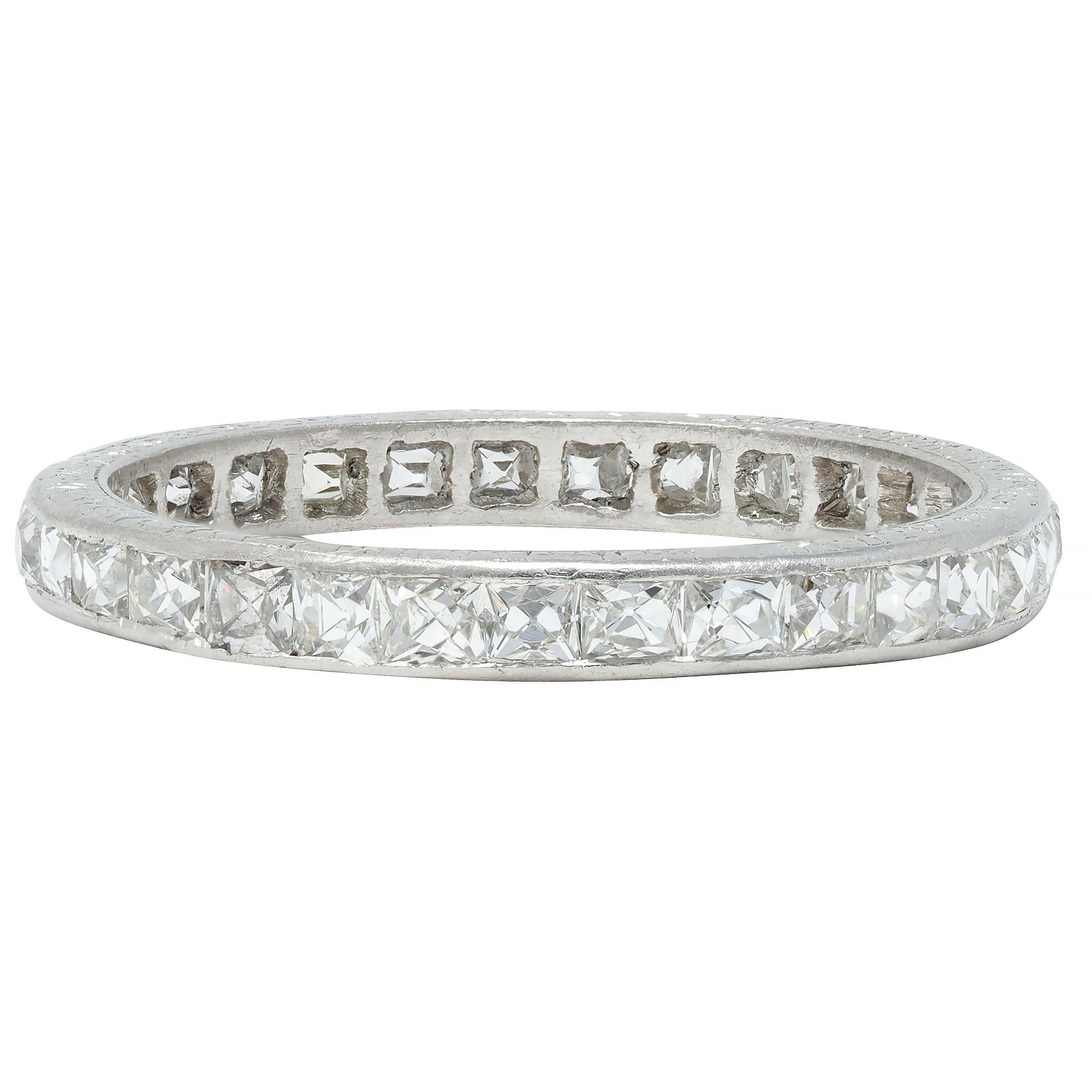 Women's or Men's Art Deco 1.16 CTW French Cut Diamond Platinum Orange Blossom Eternity Band Ring