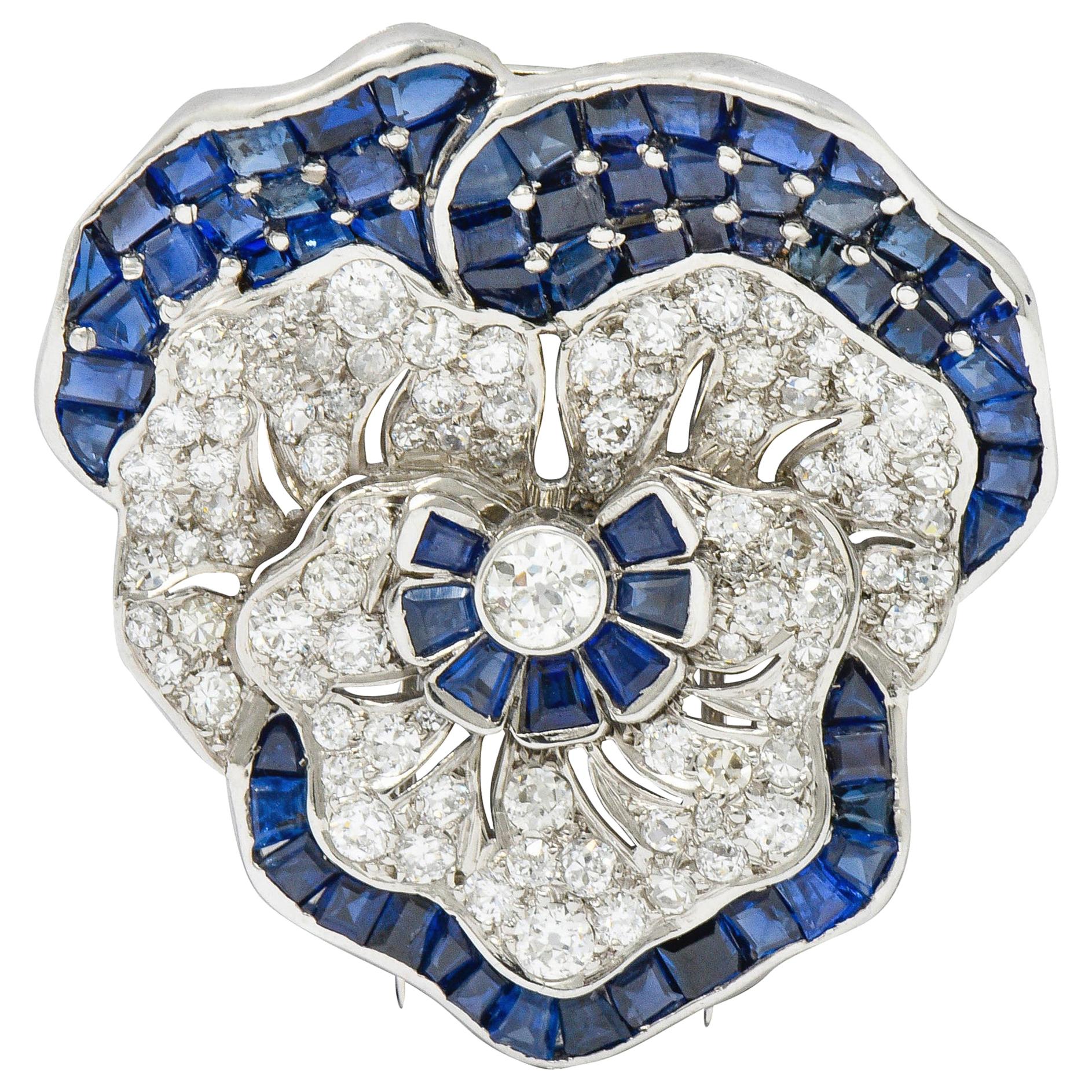 Art Deco 11.62 Carat Sapphire Diamond Platinum Pansy Flower Brooch Oscar Heyman