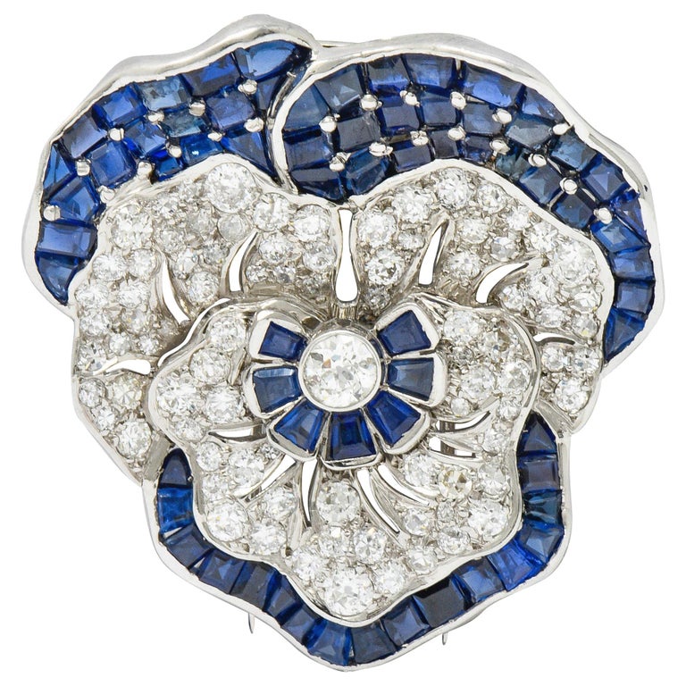 Art Deco 11.62 Carat Sapphire Diamond Platinum Pansy Flower Brooch Oscar Heyman For Sale