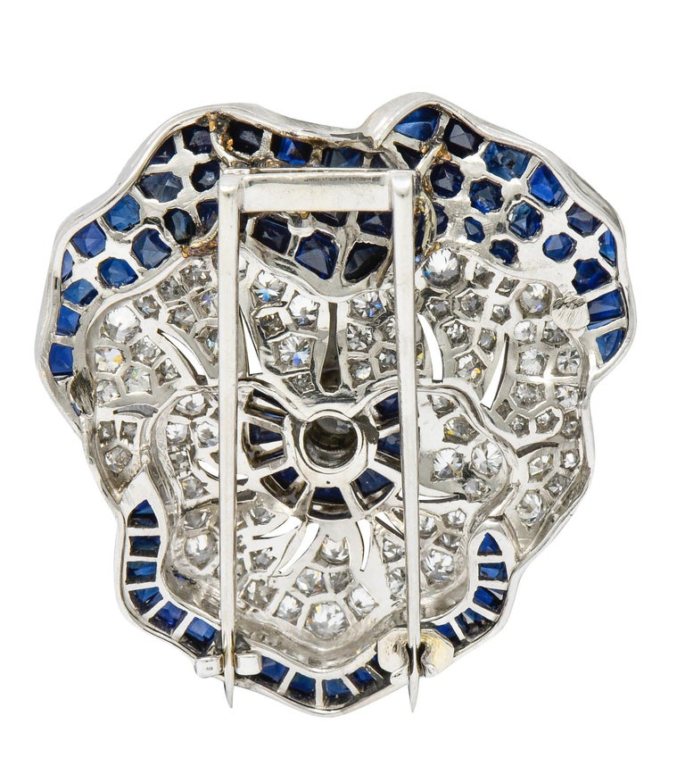 Old European Cut Art Deco 11.62 Carat Sapphire Diamond Platinum Pansy Flower Brooch Oscar Heyman For Sale