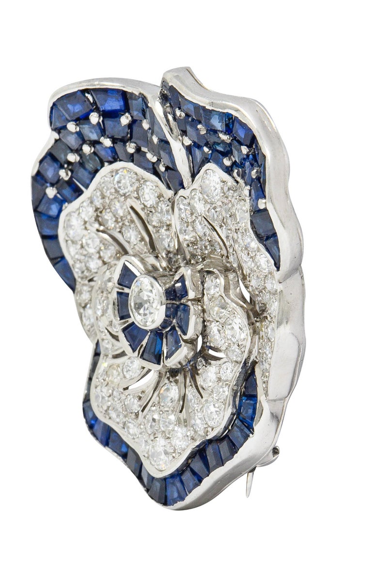 Art Deco 11.62 Carat Sapphire Diamond Platinum Pansy Flower Brooch Oscar Heyman In Excellent Condition For Sale In Philadelphia, PA
