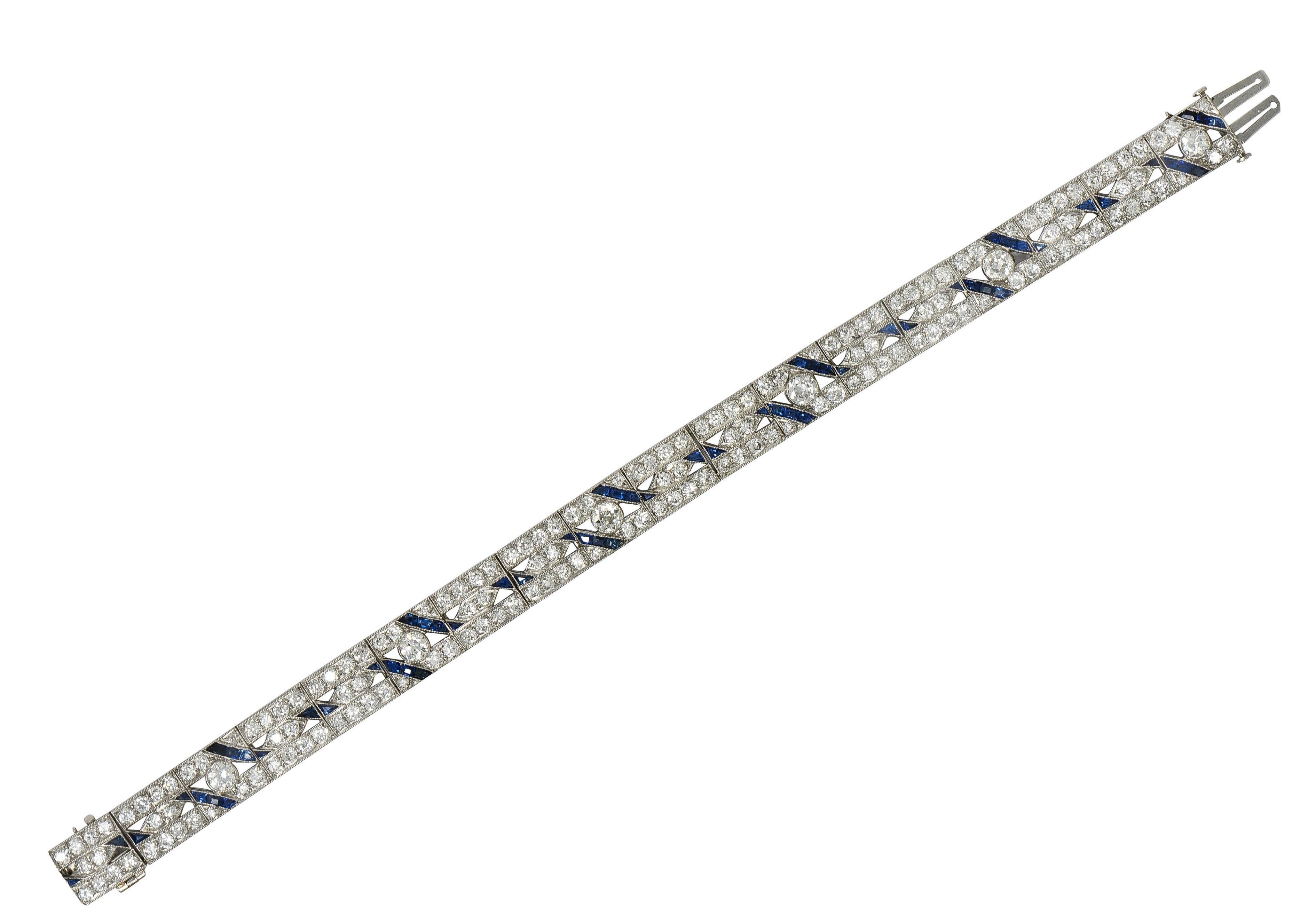 Art déco Bracelet ligne Art Déco 11,64 carats, saphir, diamant et platine en vente