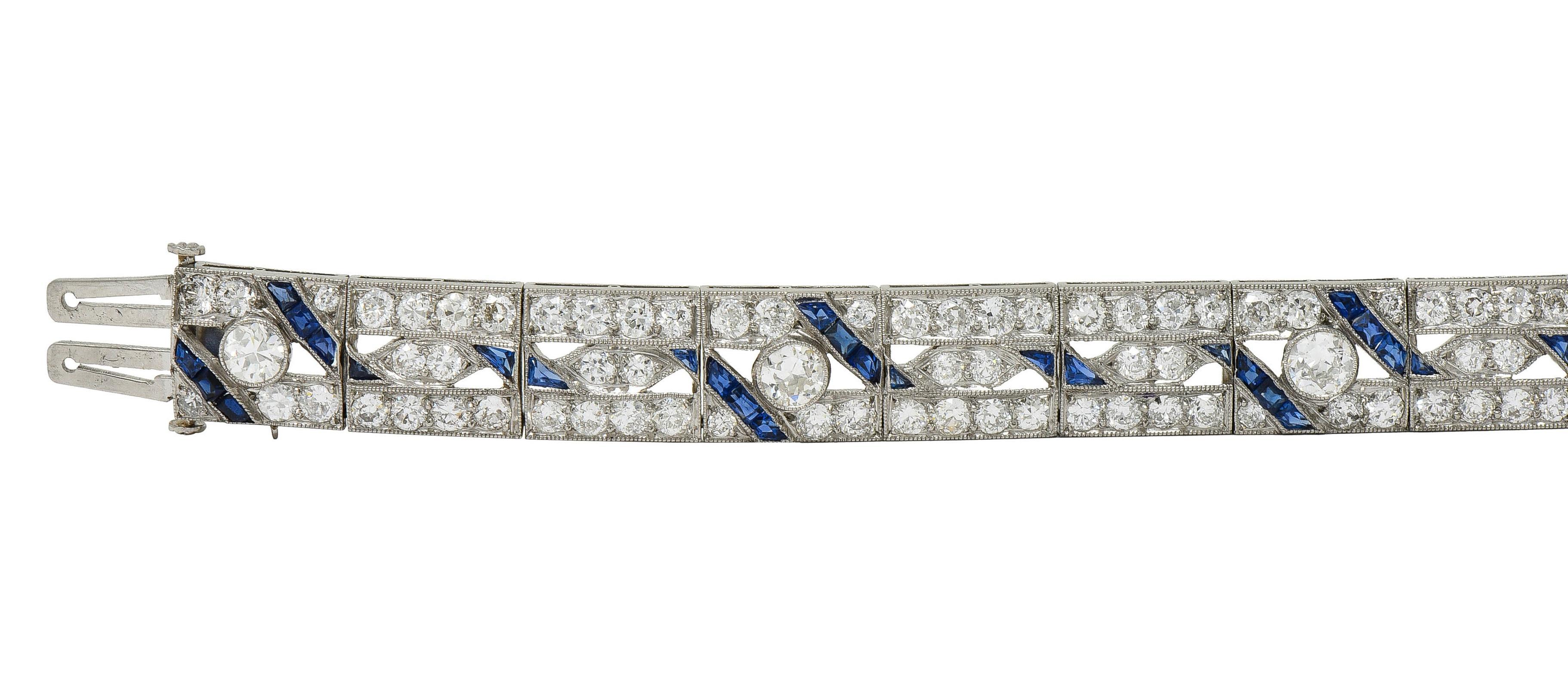 Taille ronde Bracelet ligne Art Déco 11,64 carats, saphir, diamant et platine en vente