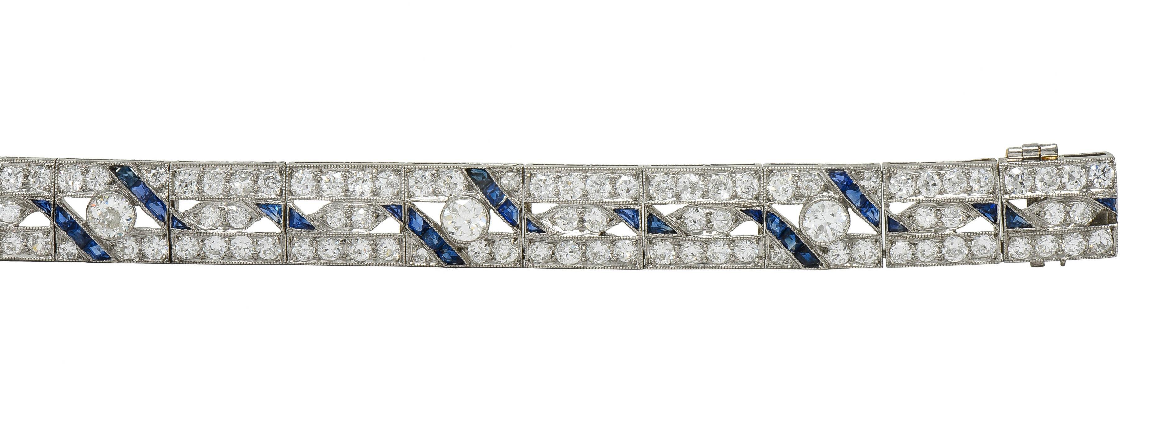 Bracelet ligne Art Déco 11,64 carats, saphir, diamant et platine Excellent état - En vente à Philadelphia, PA