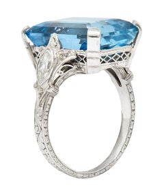 Art Deco 11.67 Carats Aquamarine Diamond Platinum Cocktail Ring