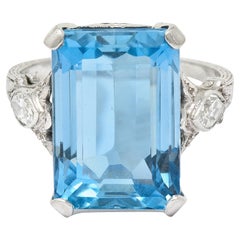 Art Deco 11.67 Carats Aquamarine Diamond Platinum Cocktail Ring