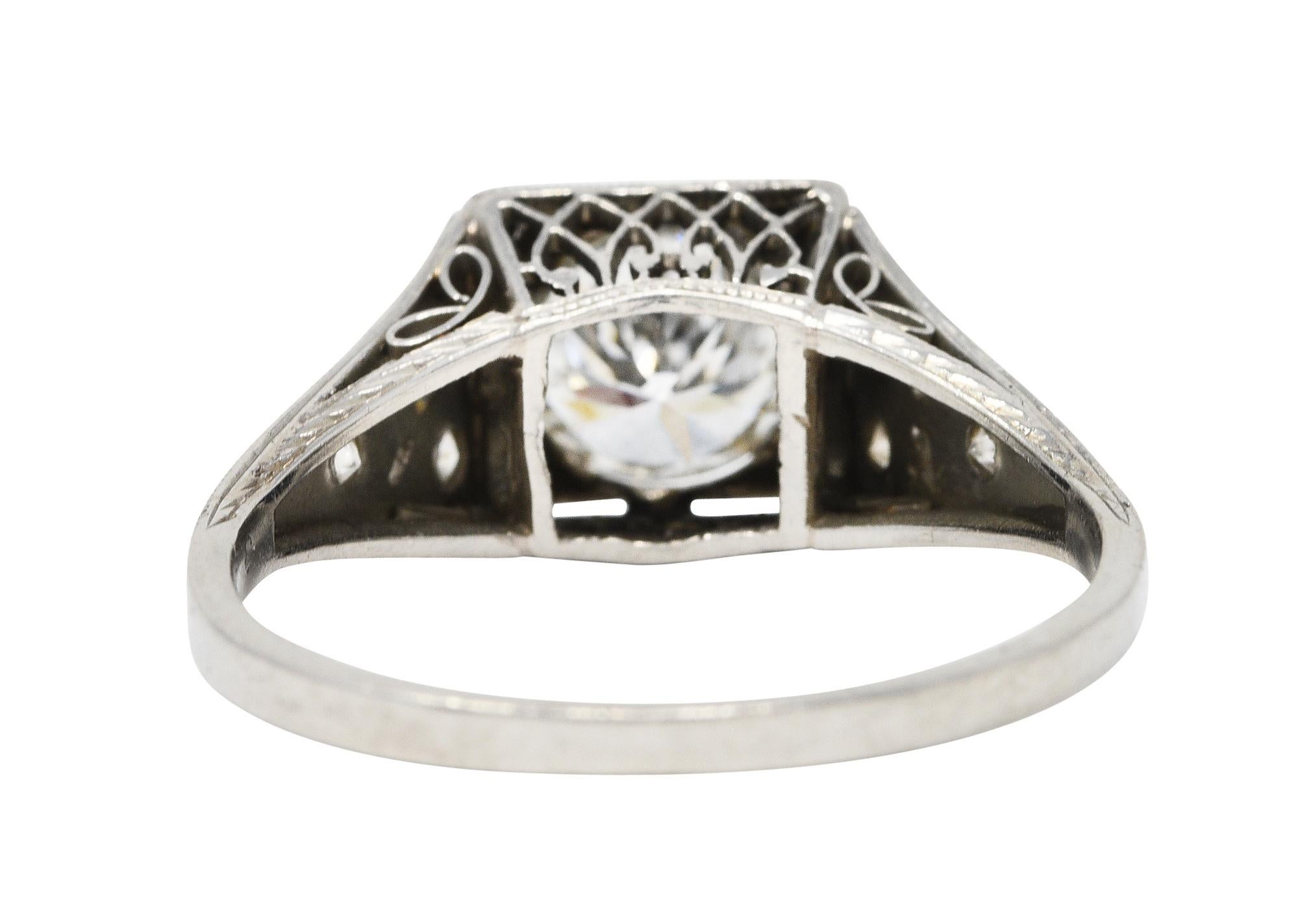 Art Deco 1.17 Carats European Cut Diamond Platinum Trellis Engagement Ring In Excellent Condition In Philadelphia, PA