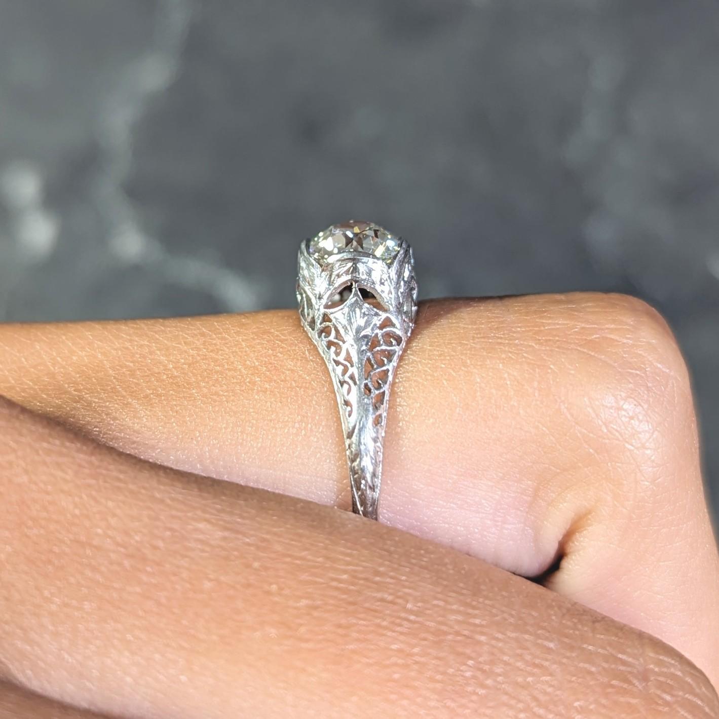 Art Deco 1.17 CTW Diamond Platinum Arching Scroll Antique Engagement Ring For Sale 4