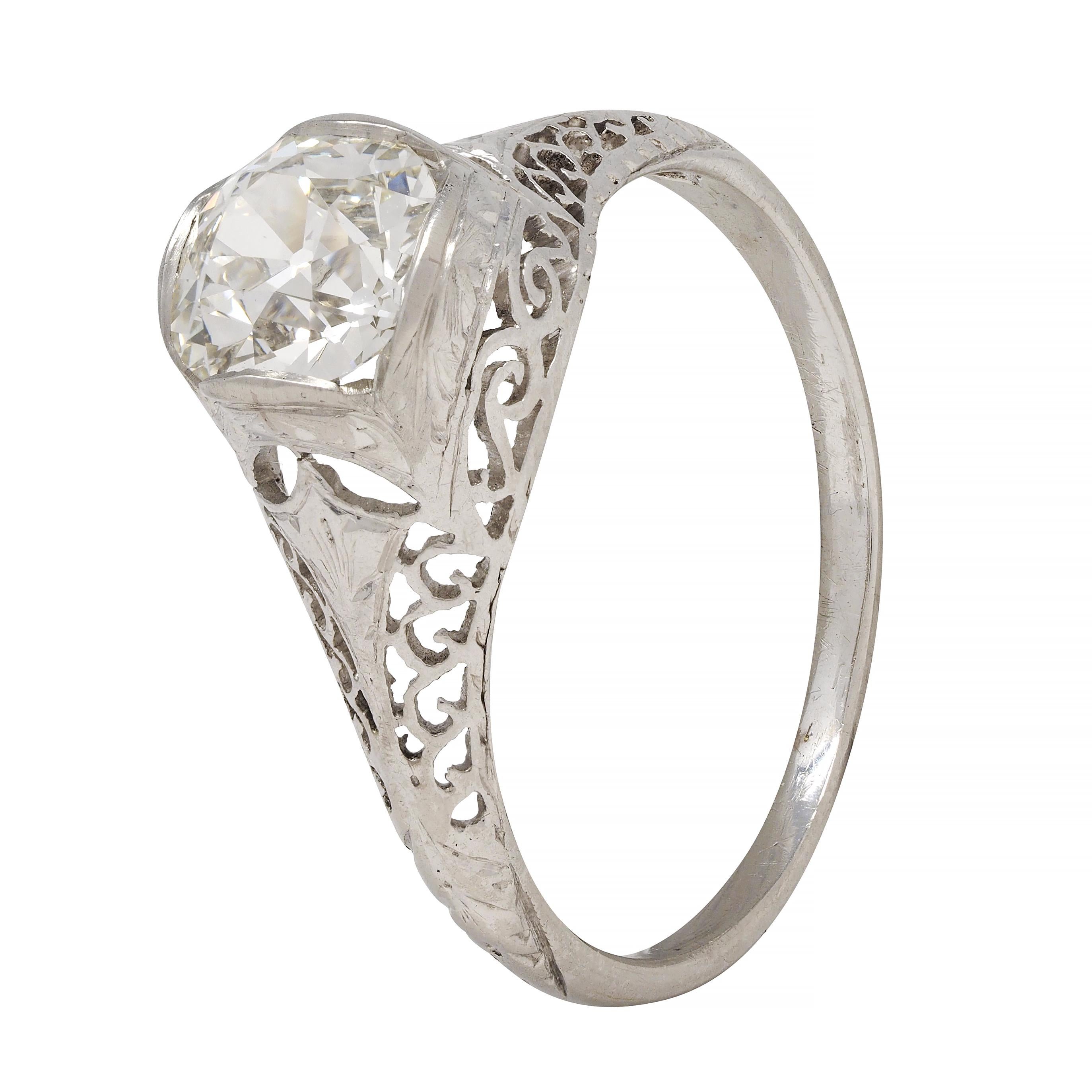 Art Deco 1.17 CTW Diamond Platinum Arching Scroll Antique Engagement Ring For Sale 1