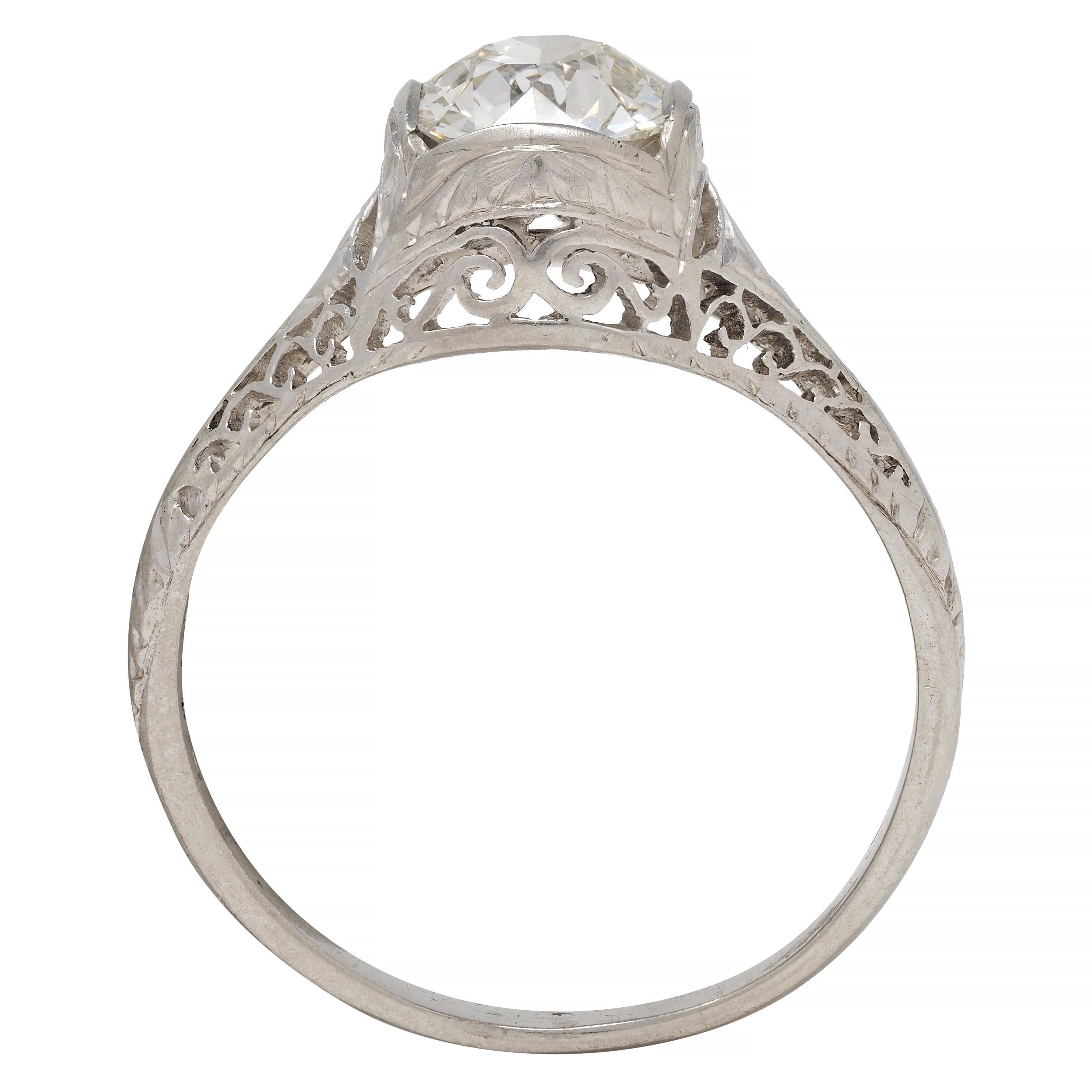 Art Deco 1.17 CTW Diamond Platinum Arching Scroll Antique Engagement Ring For Sale 2