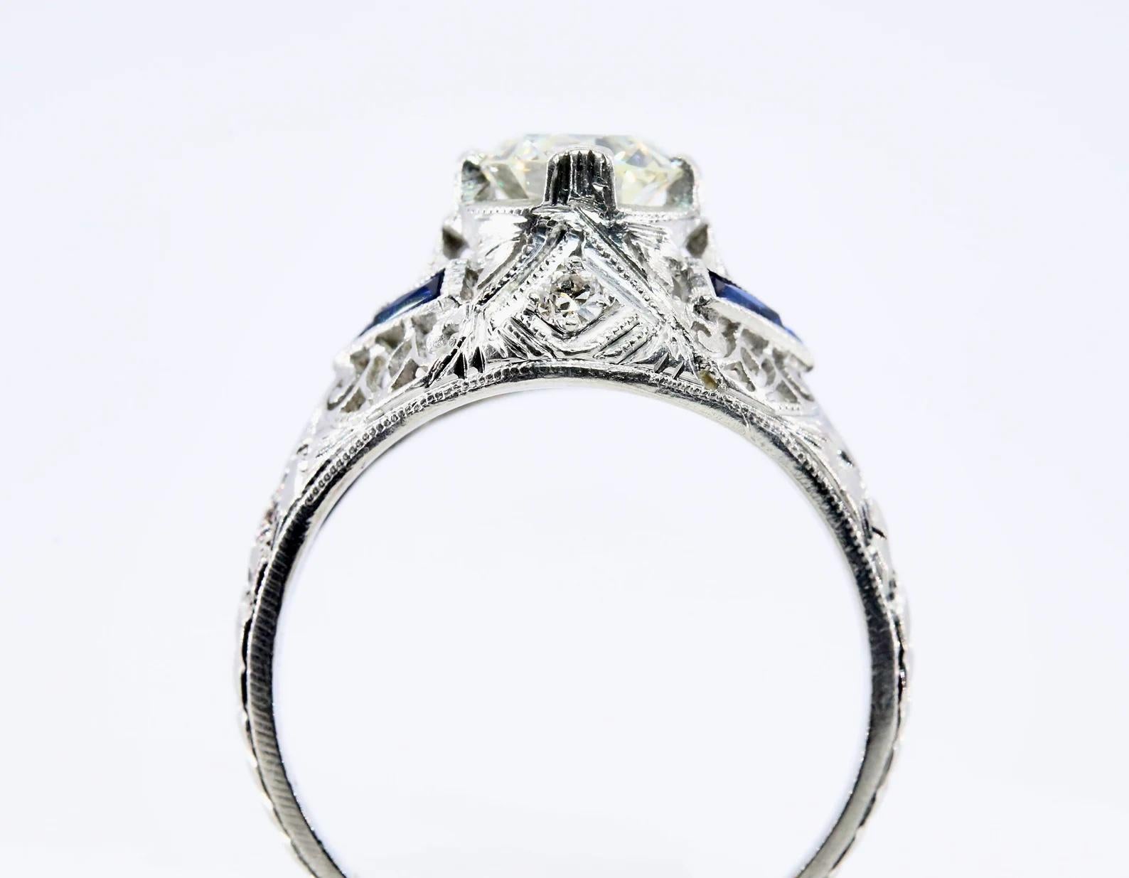 Old European Cut Art Deco 1.17 CTW Diamond & Sapphire Filigree Engagement Ring in Platinum For Sale