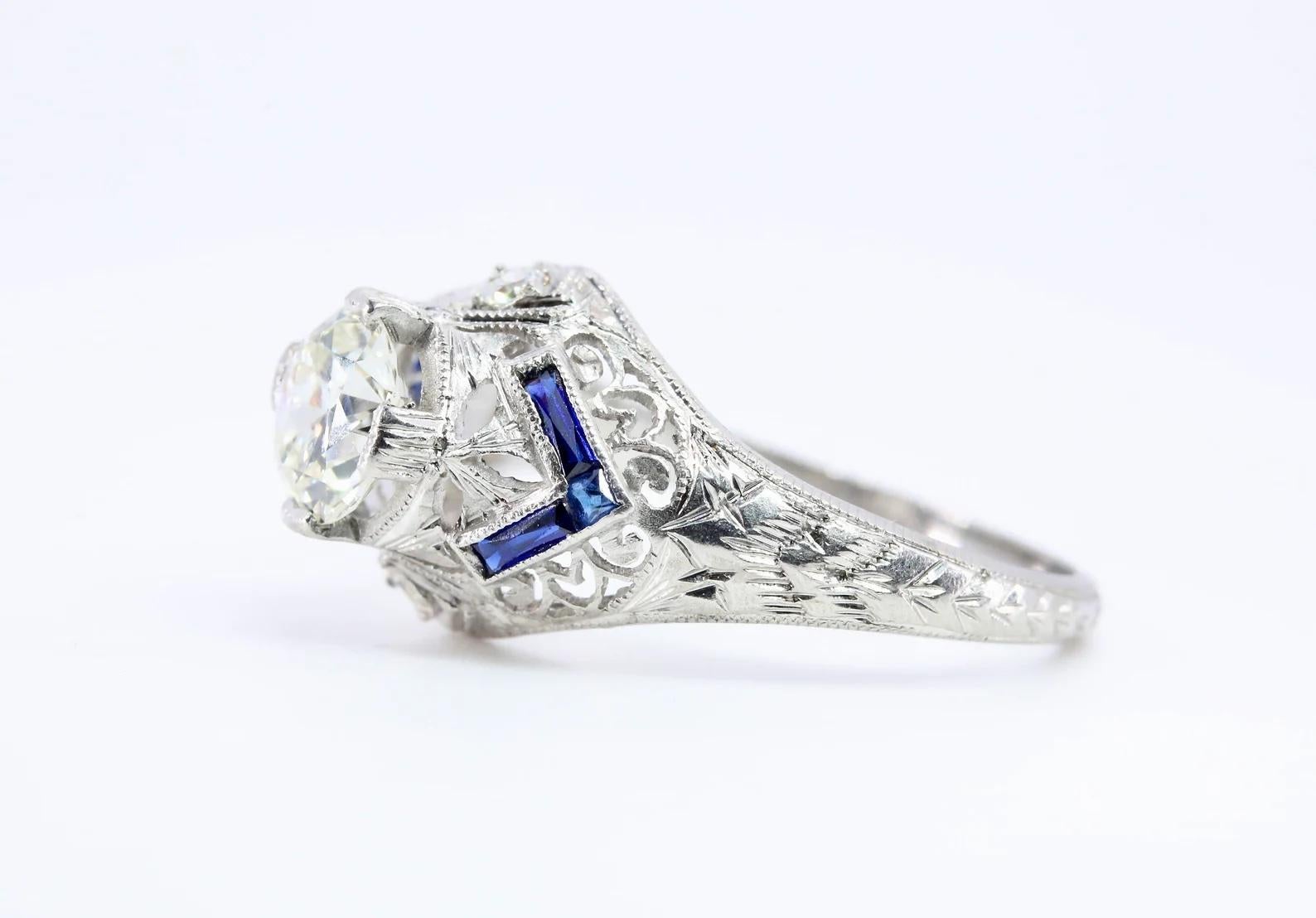 Art Deco 1.17 CTW Diamond & Sapphire Filigree Engagement Ring in Platinum In Good Condition For Sale In Boston, MA