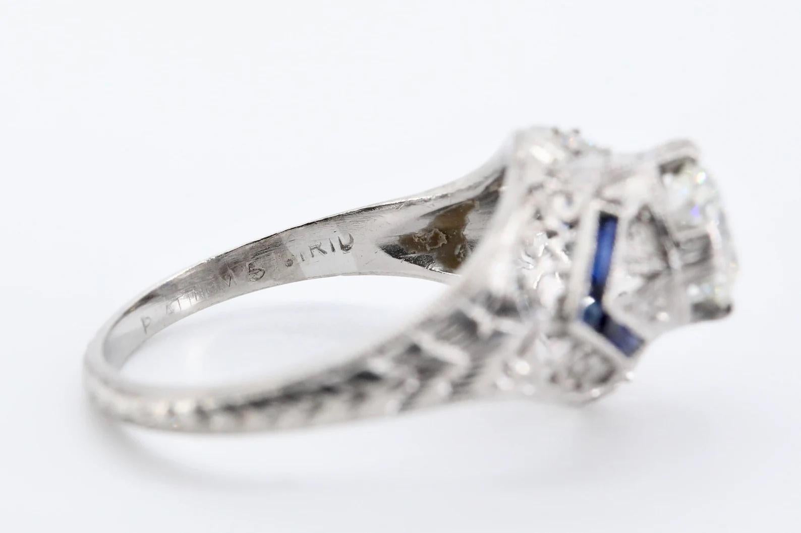 Women's Art Deco 1.17 CTW Diamond & Sapphire Filigree Engagement Ring in Platinum For Sale