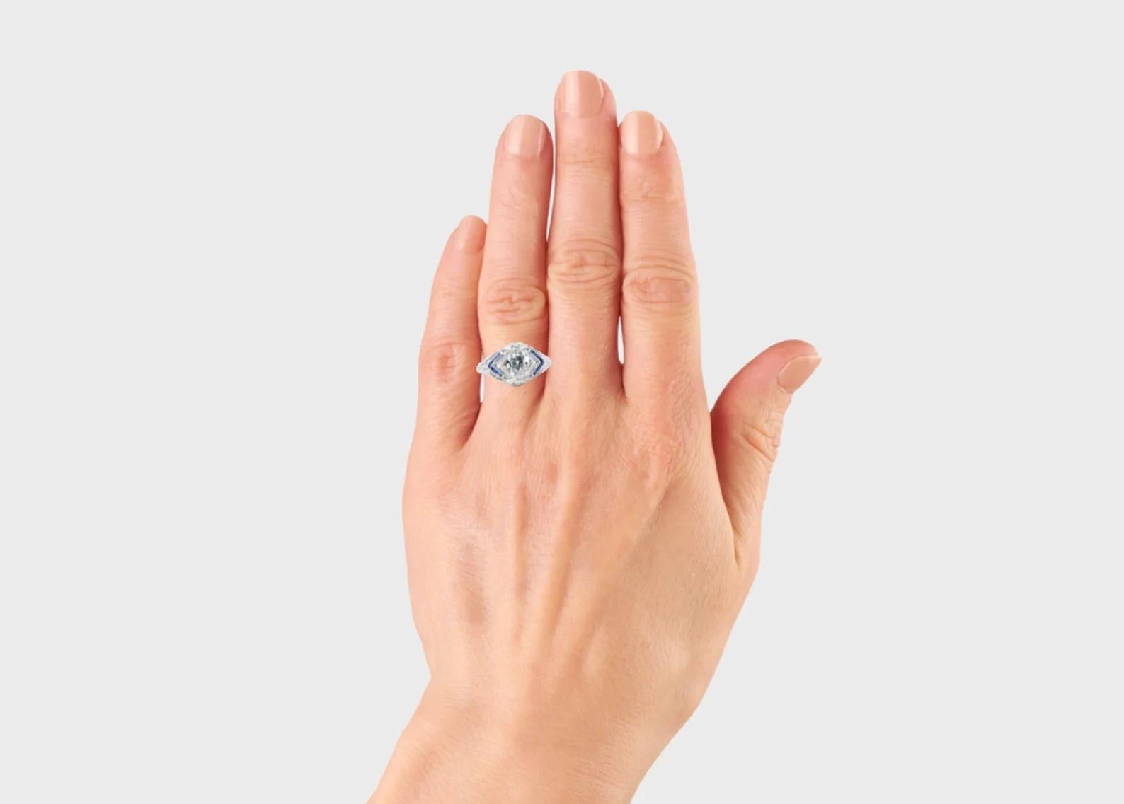 Art Deco 1.17 CTW Diamond & Sapphire Filigree Engagement Ring in Platinum For Sale 1