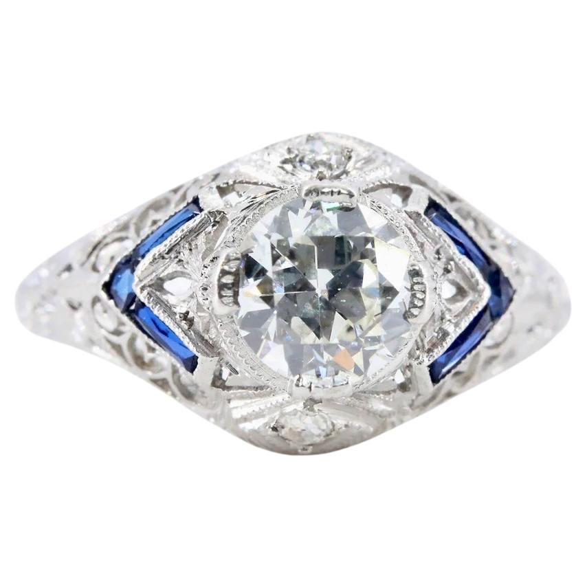 Art Deco 1.17 CTW Diamond & Sapphire Filigree Engagement Ring in Platinum For Sale