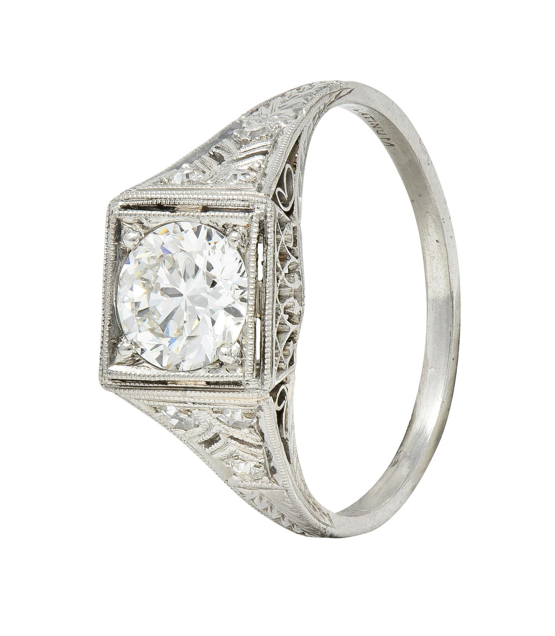 Art Deco 1.17 CTW European Cut Diamond Platinum Vintage Trellis Engagement Ring For Sale 5