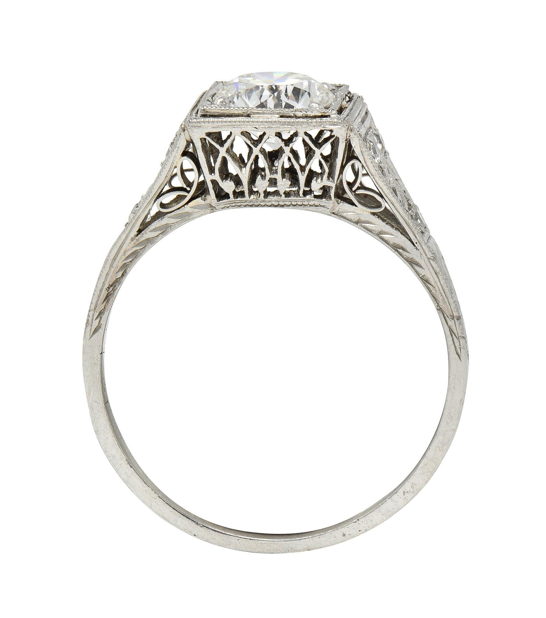 Art Deco 1.17 CTW European Cut Diamond Platinum Vintage Trellis Engagement Ring For Sale 6