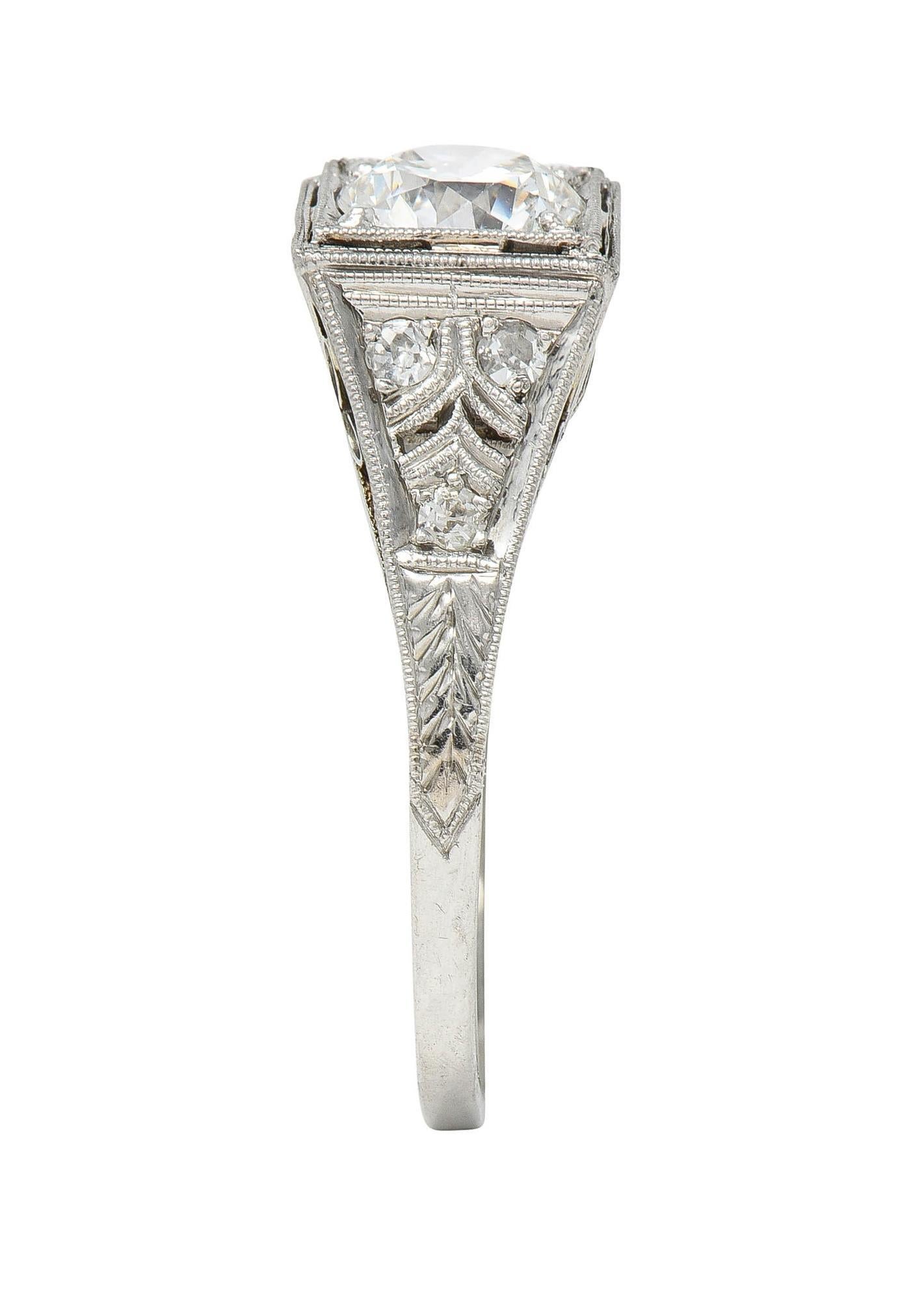 Art Deco 1.17 CTW European Cut Diamond Platinum Vintage Trellis Engagement Ring For Sale 7