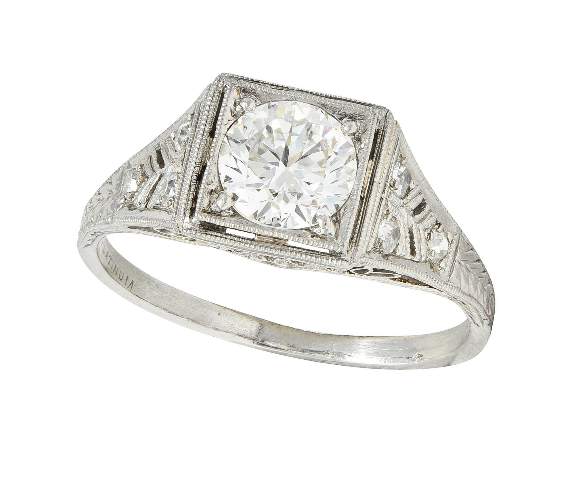 Art Deco 1.17 CTW European Cut Diamond Platinum Vintage Trellis Engagement Ring For Sale 8