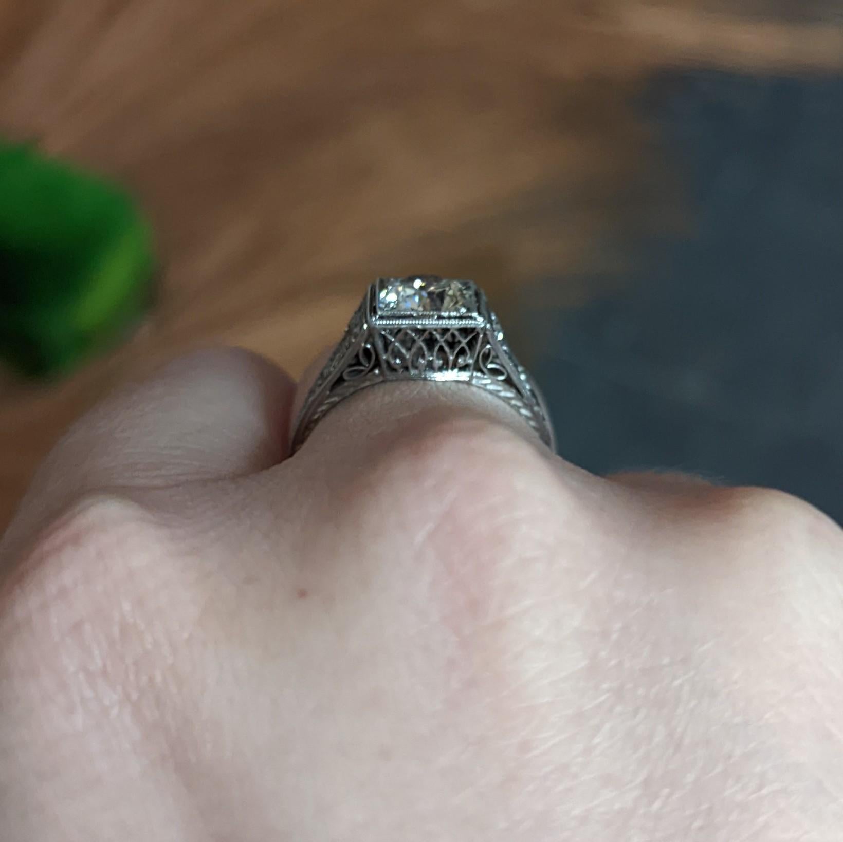 Art Deco 1.17 CTW European Cut Diamond Platinum Vintage Trellis Engagement Ring For Sale 10