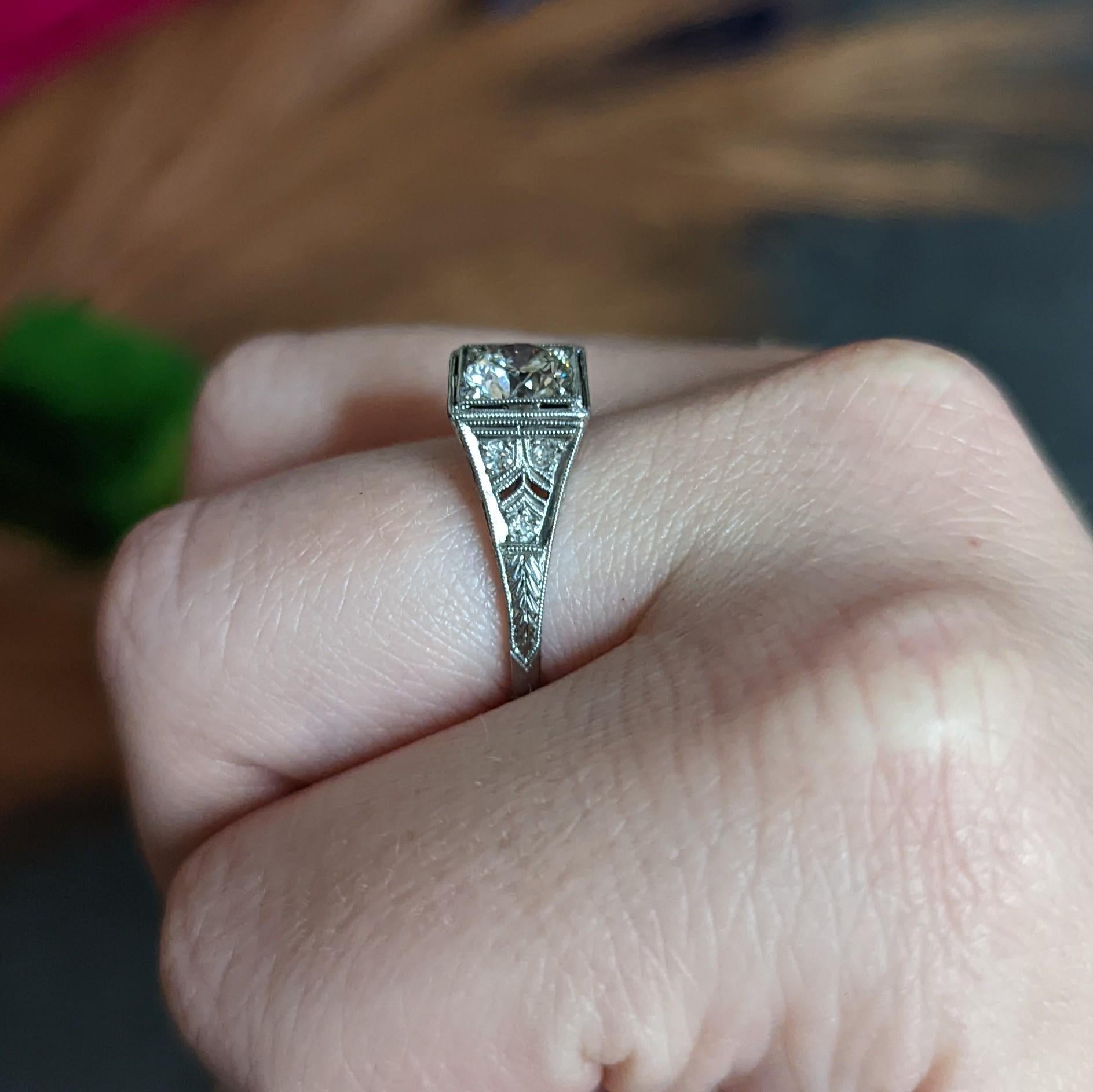 Art Deco 1.17 CTW European Cut Diamond Platinum Vintage Trellis Engagement Ring For Sale 11