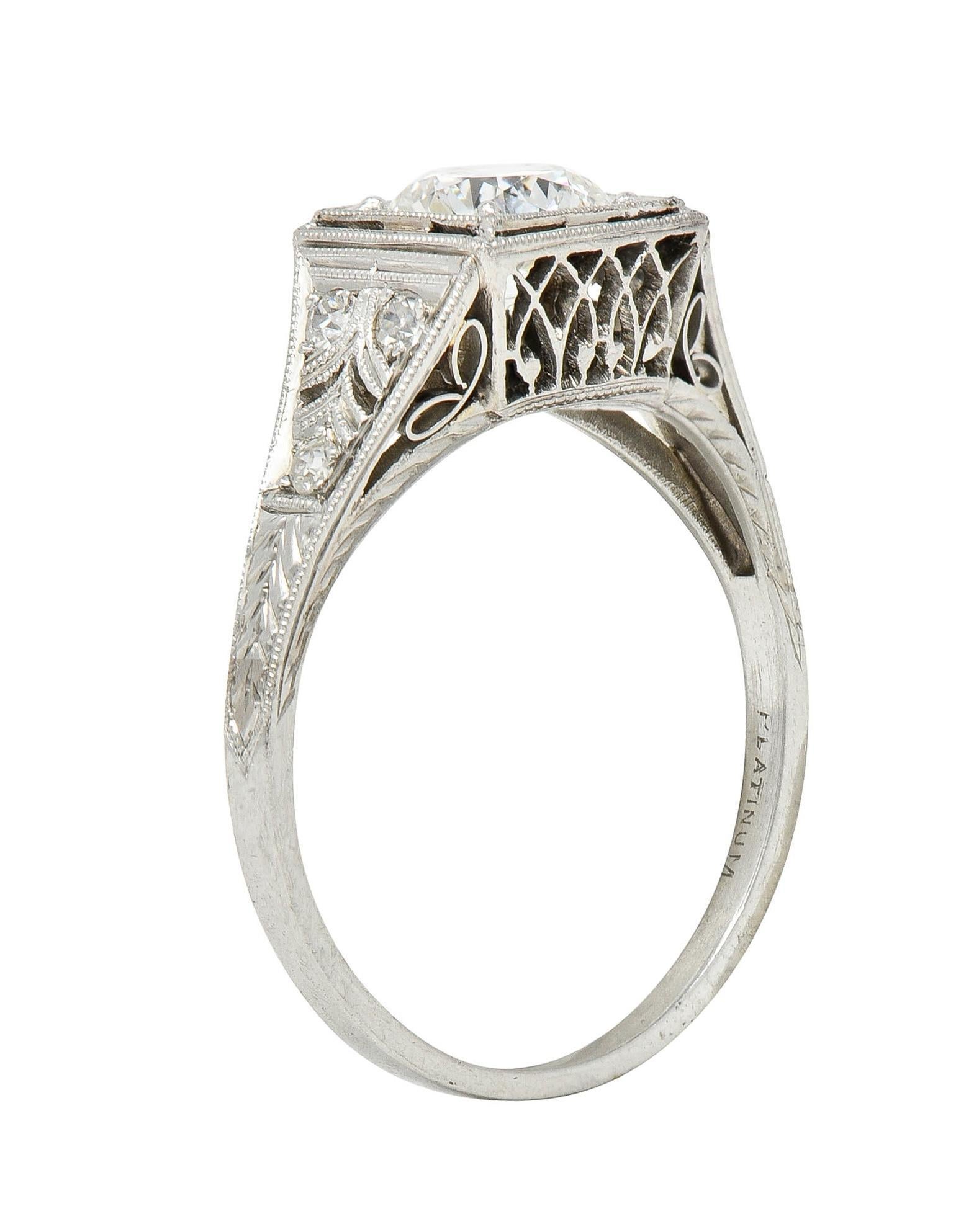 Old European Cut Art Deco 1.17 CTW European Cut Diamond Platinum Vintage Trellis Engagement Ring For Sale