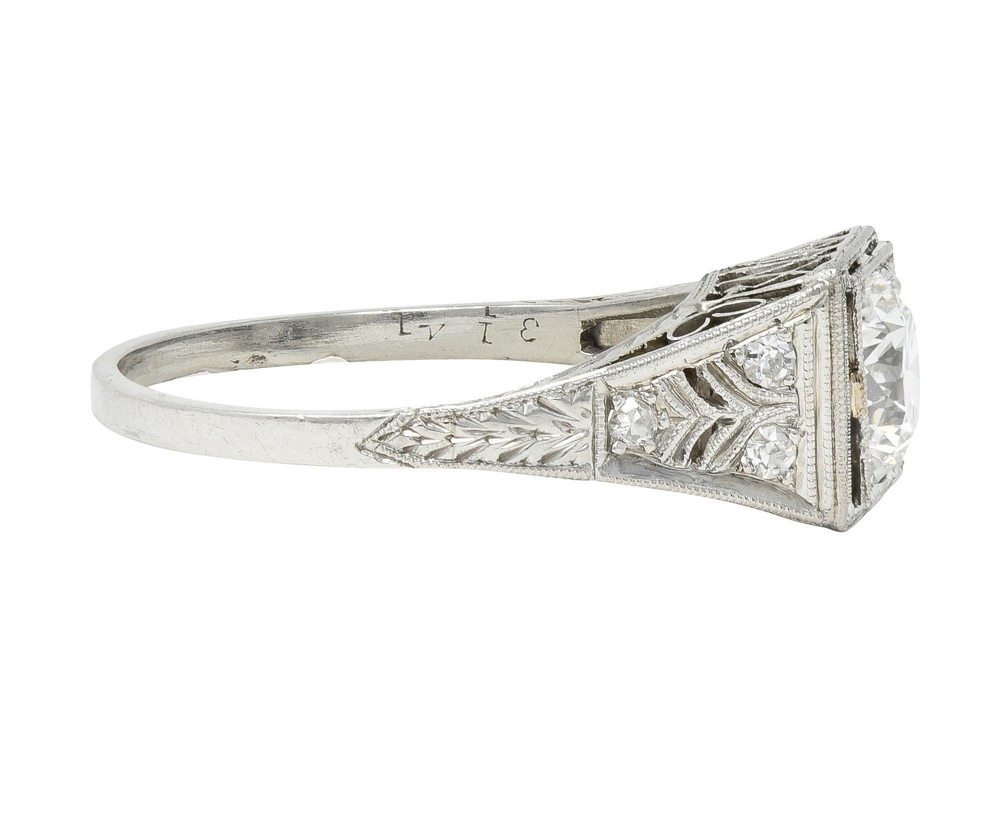 Art Deco 1.17 CTW European Cut Diamond Platinum Vintage Trellis Engagement Ring In Excellent Condition For Sale In Philadelphia, PA