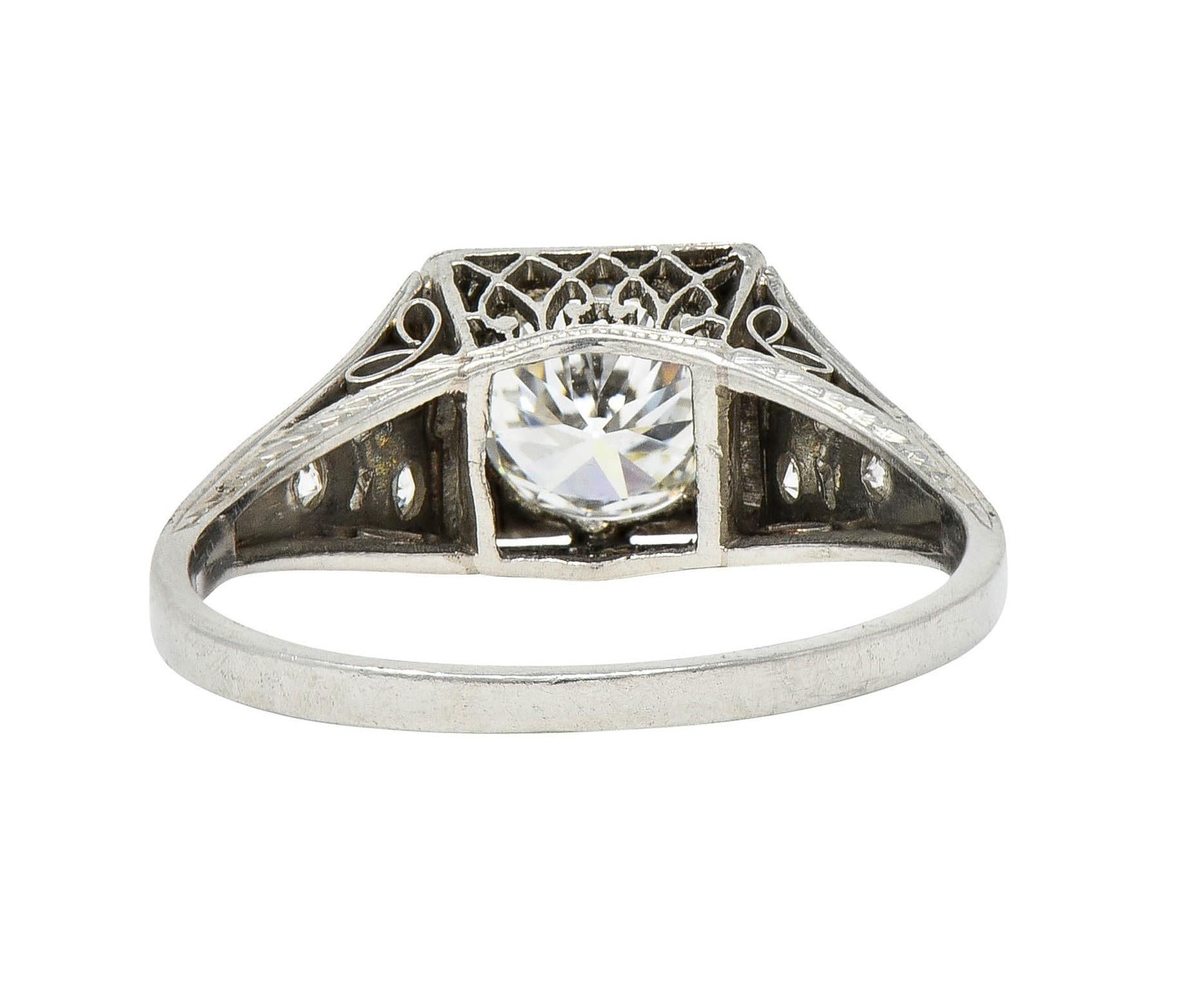 Women's or Men's Art Deco 1.17 CTW European Cut Diamond Platinum Vintage Trellis Engagement Ring For Sale